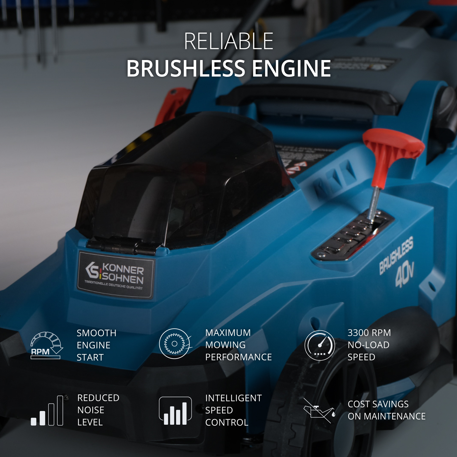 Ein blau-schwarzer Rasenmäher mit Textetiketten, die Funktionen wie bürstenloser Motor, sanfter Motorstart und intelligente Geschwindigkeitsregelung hervorheben.