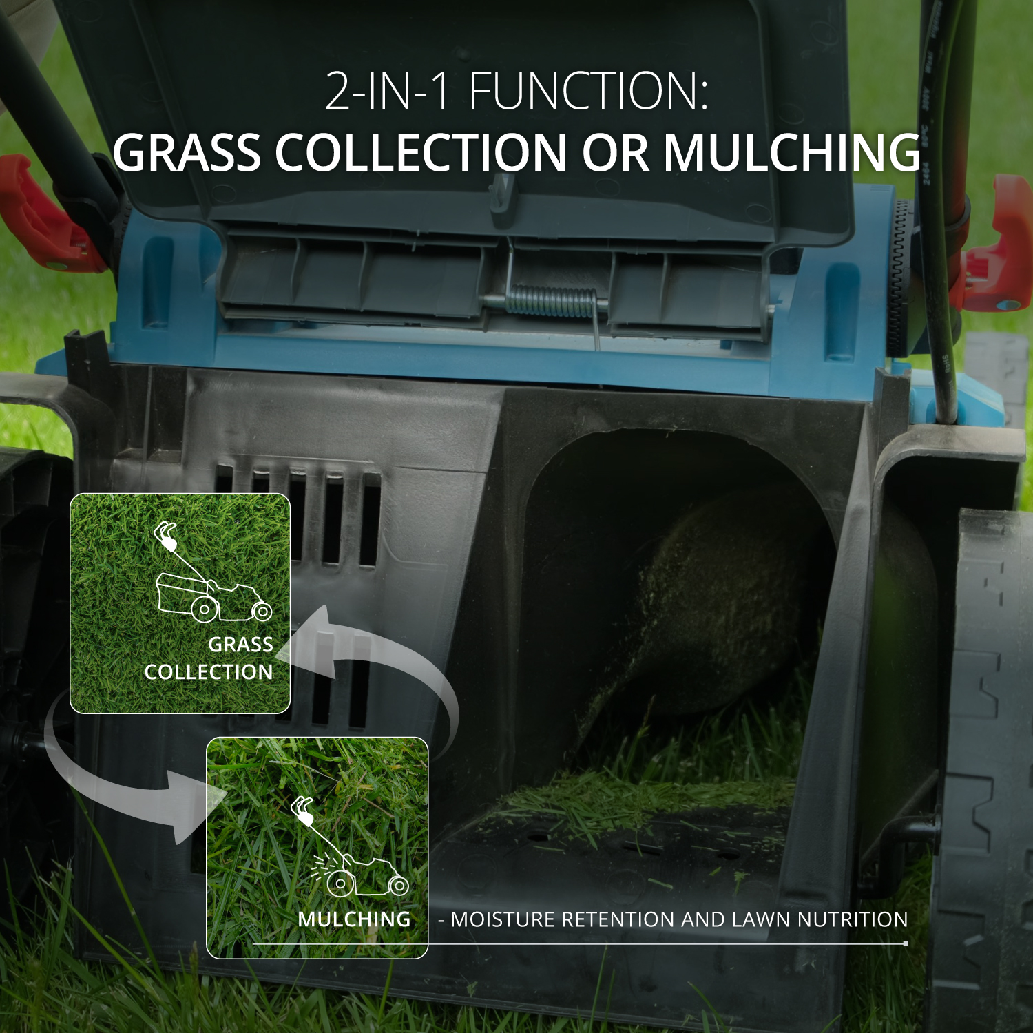 Rasenmäher mit offenem Deckel, der Optionen für Grassammlung oder Mulchen zeigt. Diagramme veranschaulichen jeden Modus mit Pfeilen. Grünes Gras im Hintergrund.