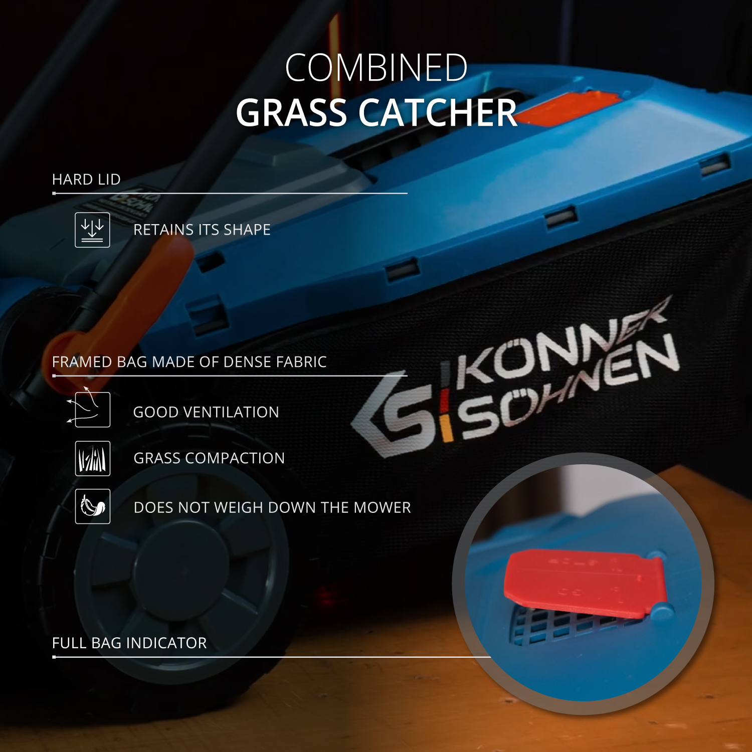 Ein blau-schwarzer Grasfangkorb mit rotem Griff und Anzeige. Zu den Merkmalen gehören ein harter Deckel, eine Tasche aus dichtem Stoff und gute Belüftung.