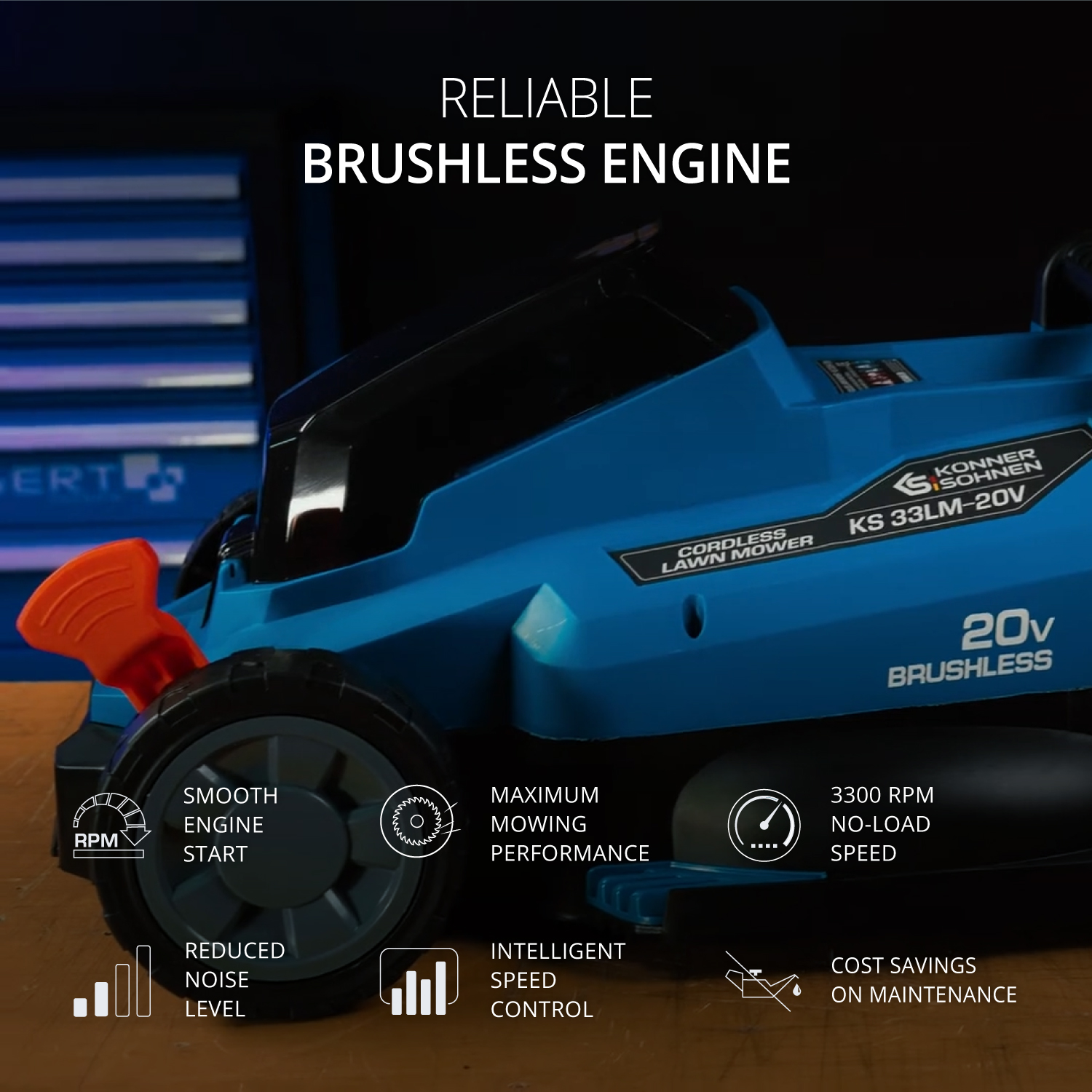 Blauer und schwarzer Akku-Rasenmäher. Zu den Merkmalen gehören ein sanfter Motorstart, reduzierte Geräusche und intelligente Geschwindigkeitsregelung.
