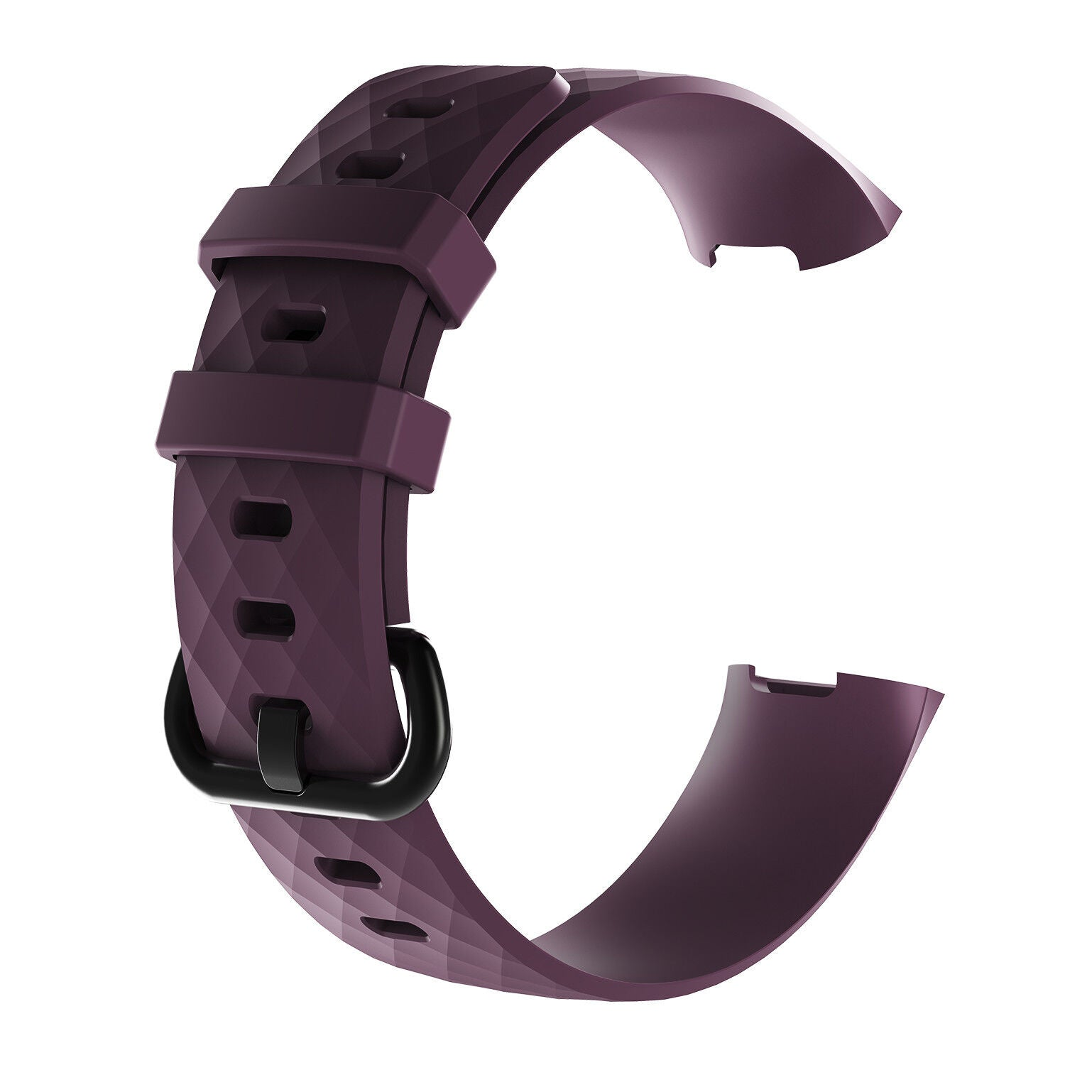 Ein pflaumenfarbenes Uhrenarmband vor weißem Hintergrund. Das Armband ist abgenommen und hat eine schwarze Schnalle und eine strukturierte Oberfläche.