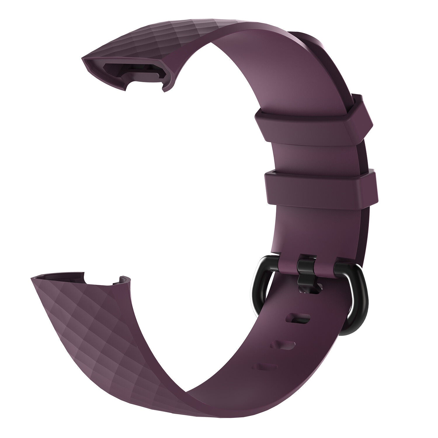 Ein pflaumenfarbenes Uhrenarmband mit schwarzem Verschluss. Das Armband ist gebogen und hat ein strukturiertes Muster.