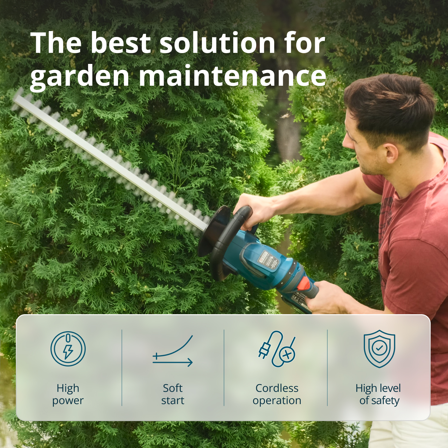 Un homme taille une haie avec un outil électrique. Texte : 'meilleure solution pour l'entretien du jardin'. Icônes montrent puissance et sécurité.