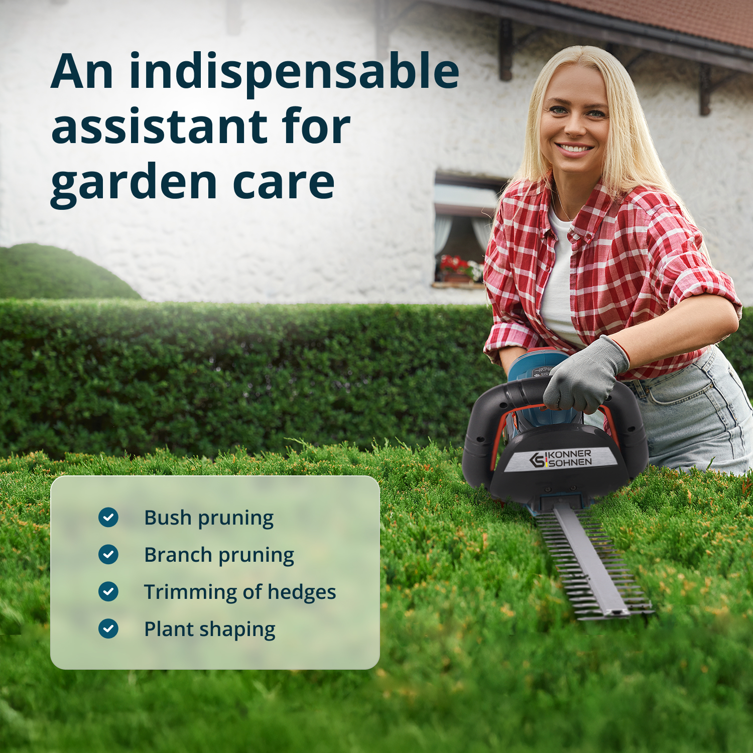 Femme blonde utilisant un taille-haie. Texte : Un assistant indispensable pour l'entretien du jardin, taille des buissons, des branches, des haies, mise en forme des plantes.