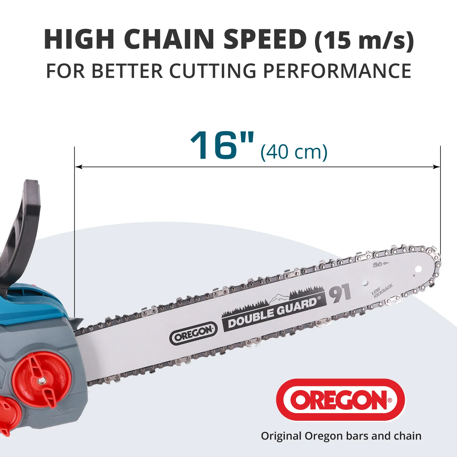 Eine Kettensäge mit einer 16-Zoll-Schiene, Oregon-Etikett, Text 'HIGH CHAIN SPEED' und 'Original Oregon Bars and Chain'.