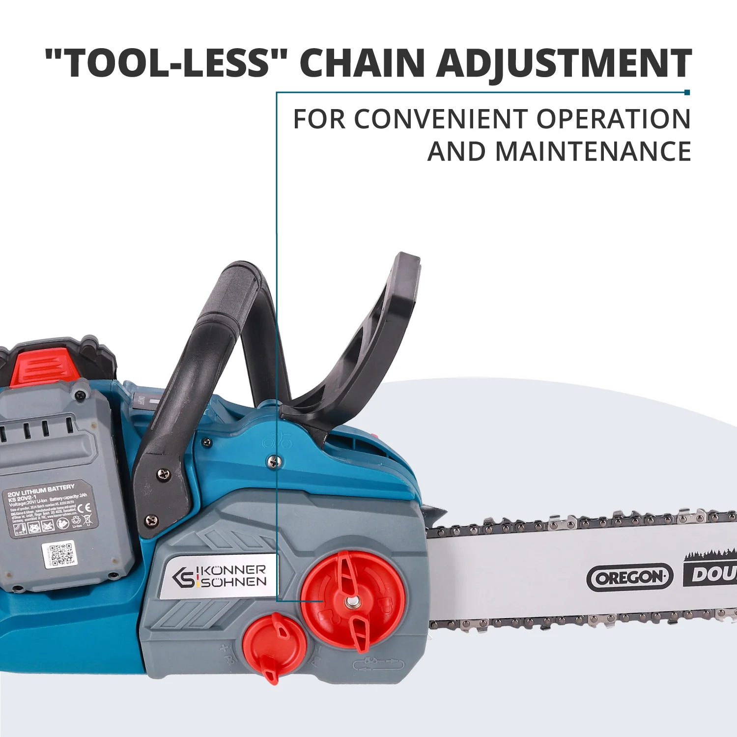 Eine blau-graue Kettensäge mit schwarzem Griff. Der Text lautet 'TOOL-LESS CHAIN ADJUSTMENT' und 'OREGON'. Der Hintergrund ist weiß.