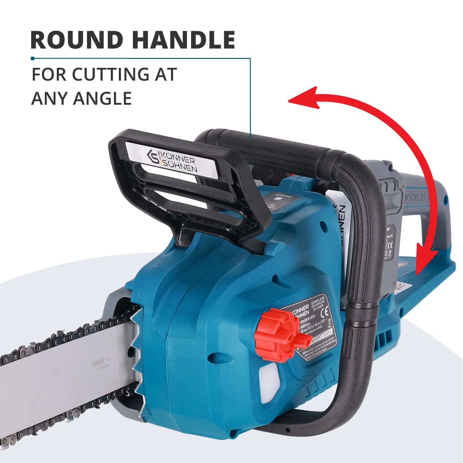 Eine teal-farbene und schwarze Kettensäge mit rundem Griff. Der Text lautet 'ROUND HANDLE FOR CUTTING AT ANY ANGLE'. Roter Pfeil zeigt die Verwendung.