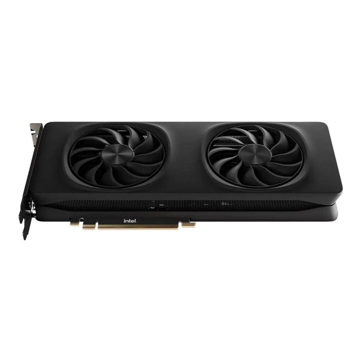 Black graphics card with two fans. The card has the Intel logo. It has gold connectors. The background is white.