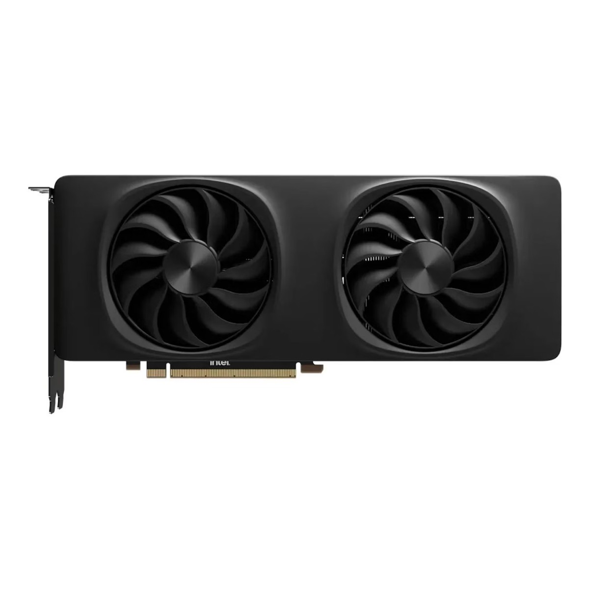 A black graphics card with two large fans. The fans have multiple blades and are centered. The card also has gold connectors.