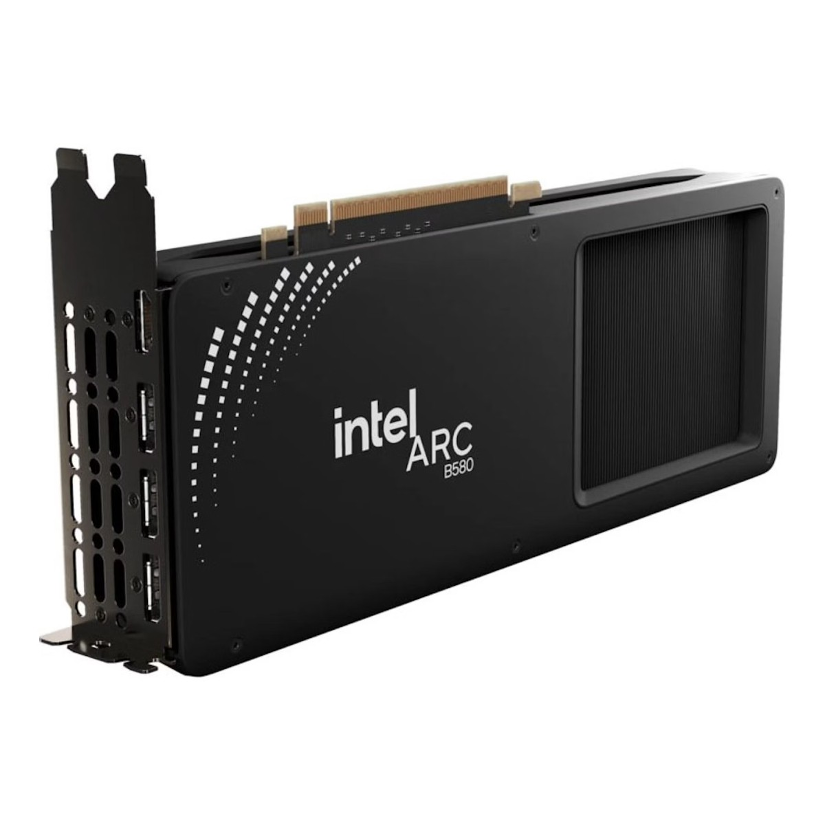 A black Intel Arc B580 graphics card. Features include multiple ports, a cooling fan, and the Intel Arc logo.