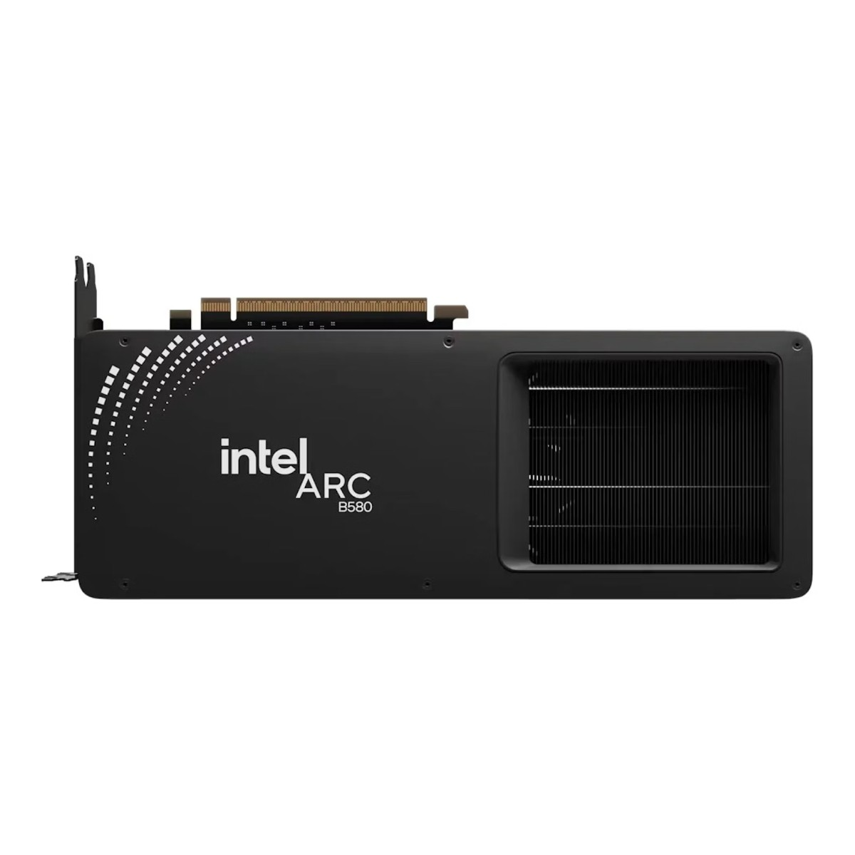 A black Intel Arc B580 graphics card. It has a heatsink on the right, the Intel Arc logo, and a connector at the top.