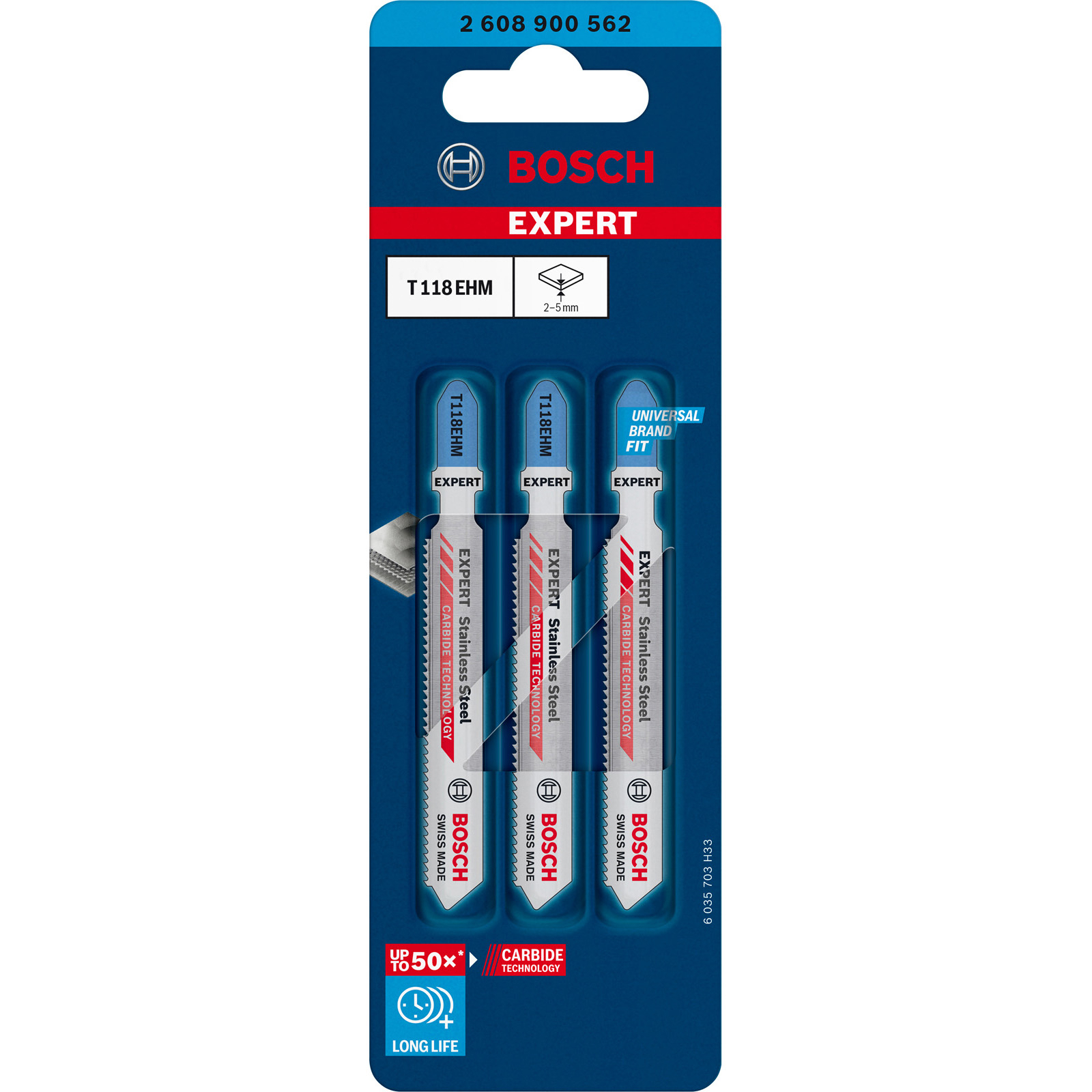 Brzeszczoty Bosch Expert T118 EHM w niebiesko-białym opakowaniu. Opakowanie zawiera trzy brzeszczoty do stali nierdzewnej.