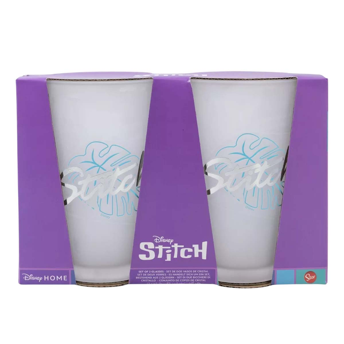 Una caja con dos vasos blancos. Cada vaso tiene un diseño de Stitch y una hoja. La caja es morada y dice Disney Stitch.