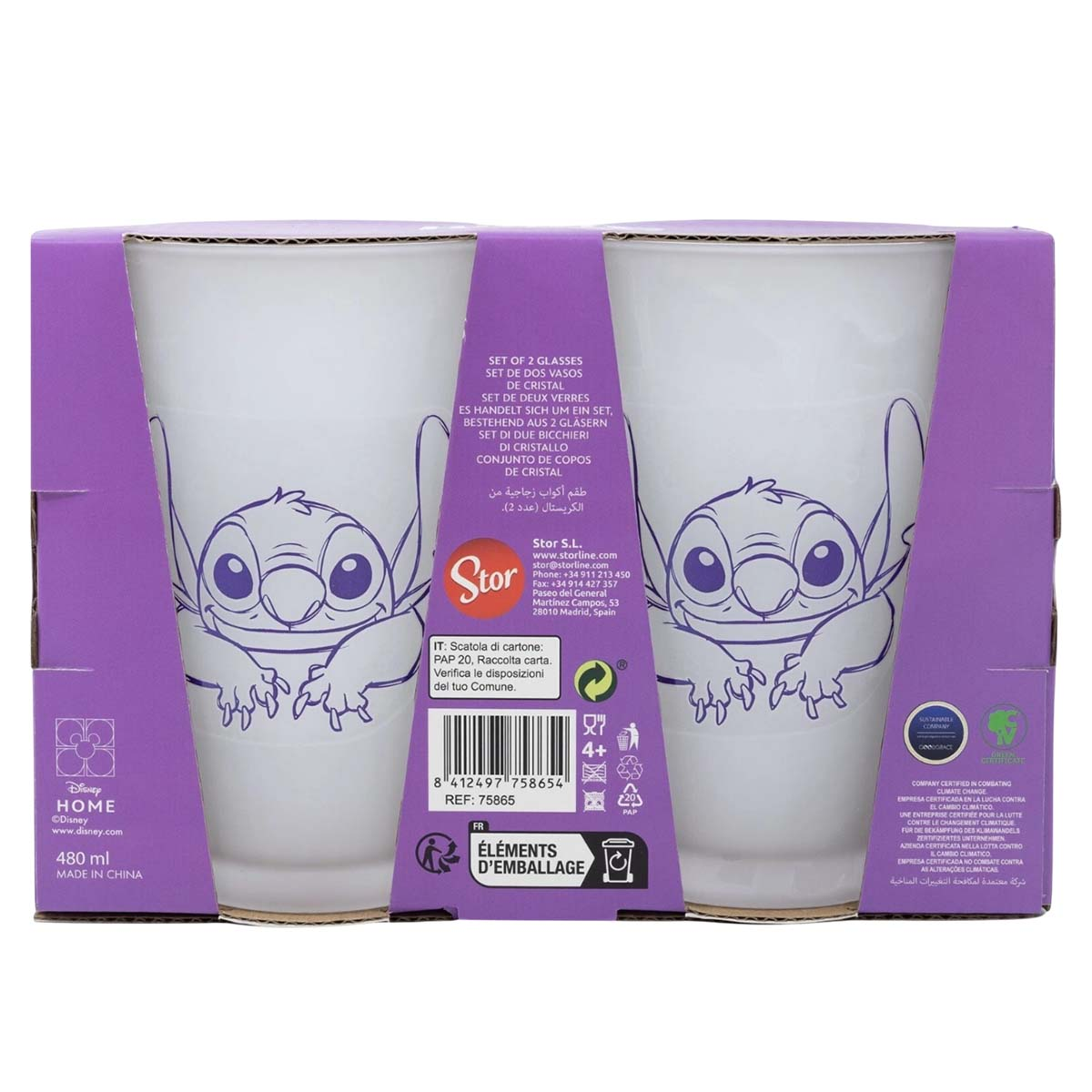 Dos vasos blancos con diseño de Stitch en un paquete morado. Texto en varios idiomas. Marca Disney Home.