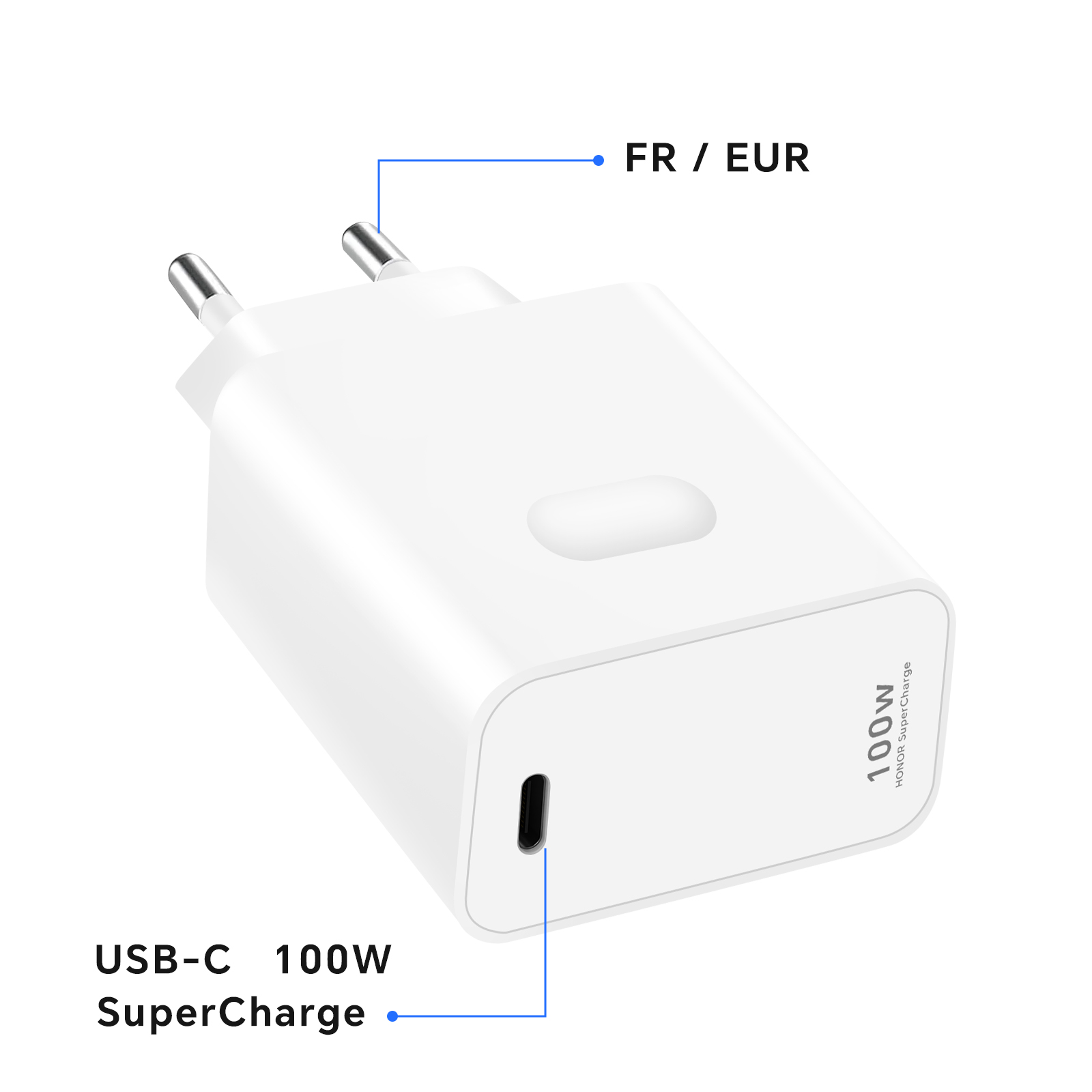 Caricabatterie USB-C Honor 100W SuperCharge bianco con spina FR/EUR. Presenta testo 100W e capacità SuperCharge.