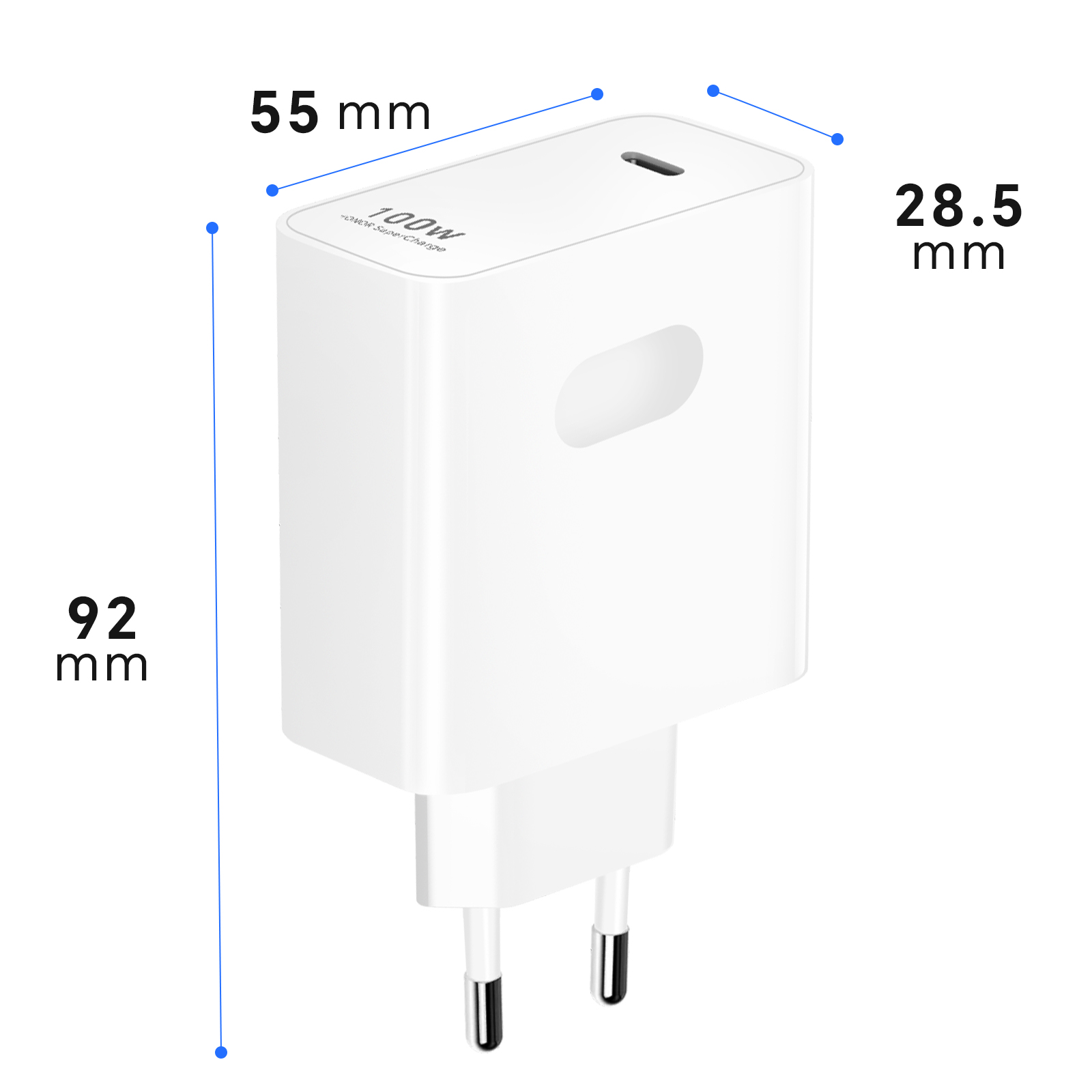 Un super caricatore bianco da 100W con dimensioni etichettate. Ha una fessura e un foro. Spina a due pin in basso.
