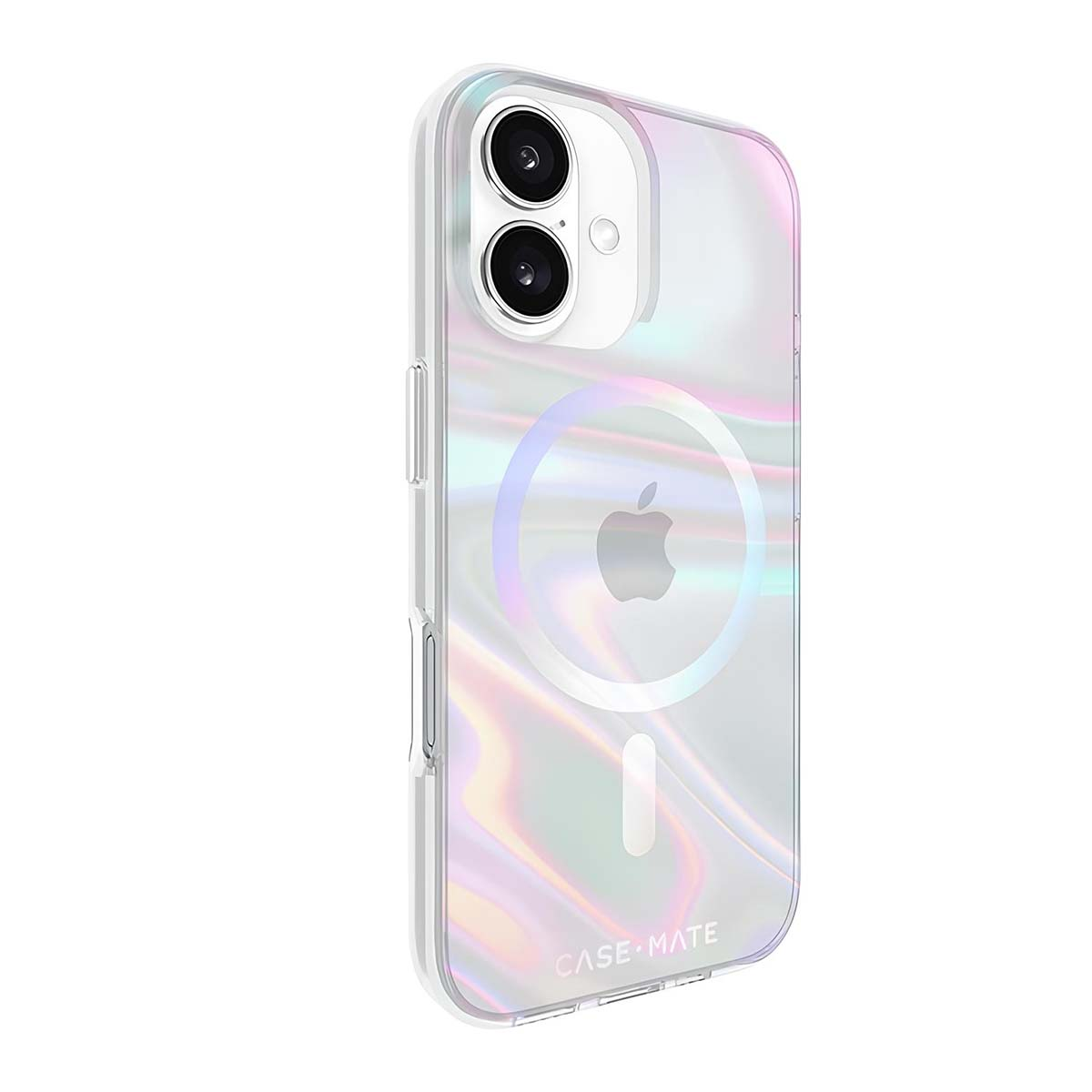 Custodia trasparente per iPhone con effetto olografico. La custodia ha un logo Apple visibile e il logo Case Mate.