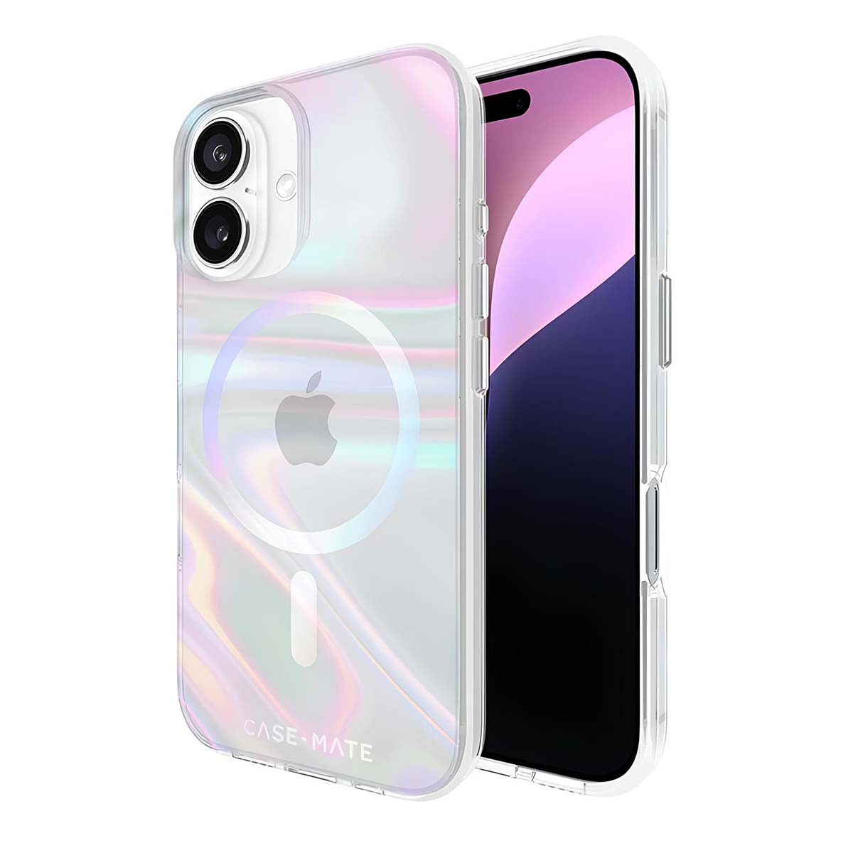 Un iPhone in una custodia Case-Mate trasparente e iridescente. Il telefono ha schermo nero e il logo Apple è visibile.