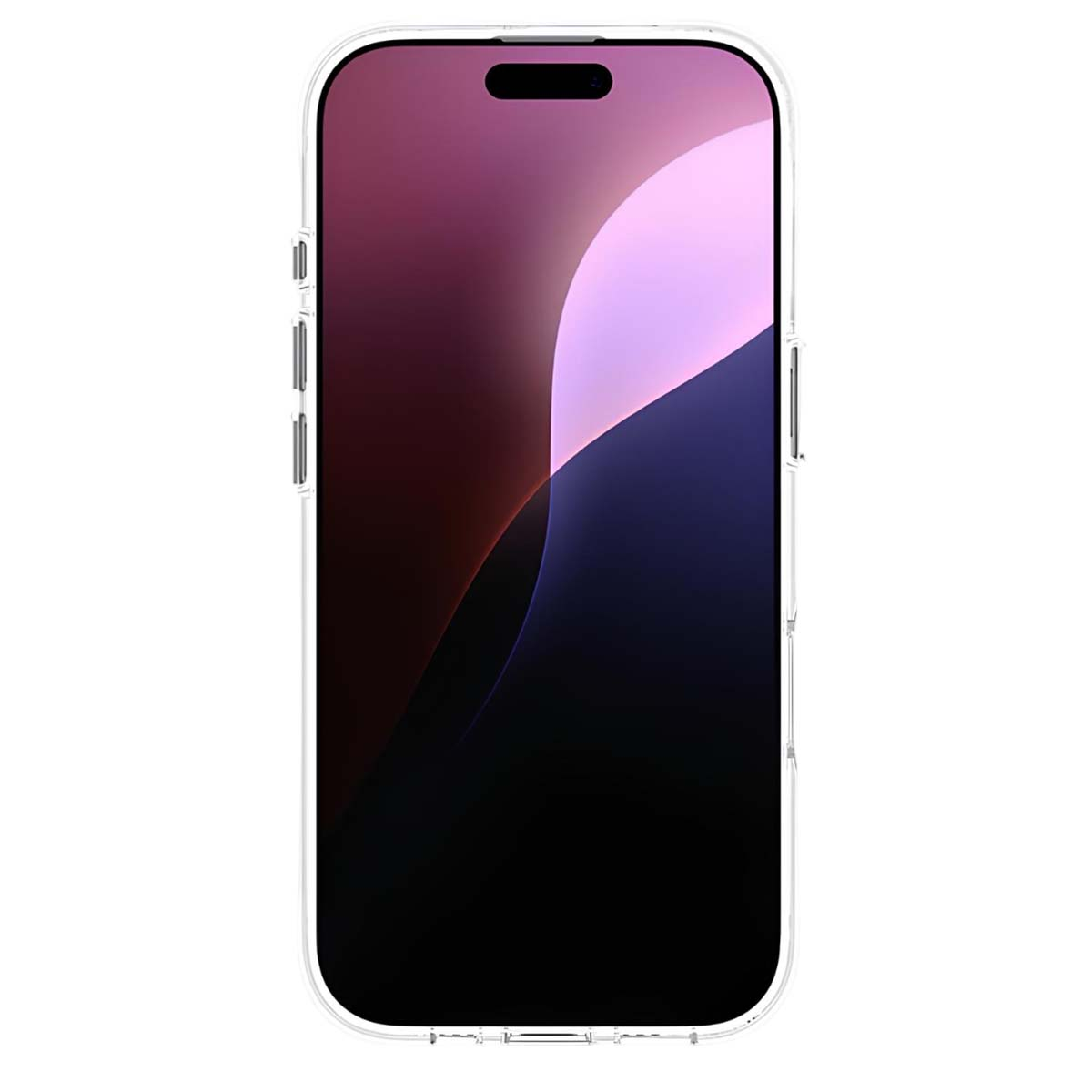 Uno smartphone in una custodia trasparente. Lo schermo mostra forme astratte in tonalità viola e nere su sfondo bianco.