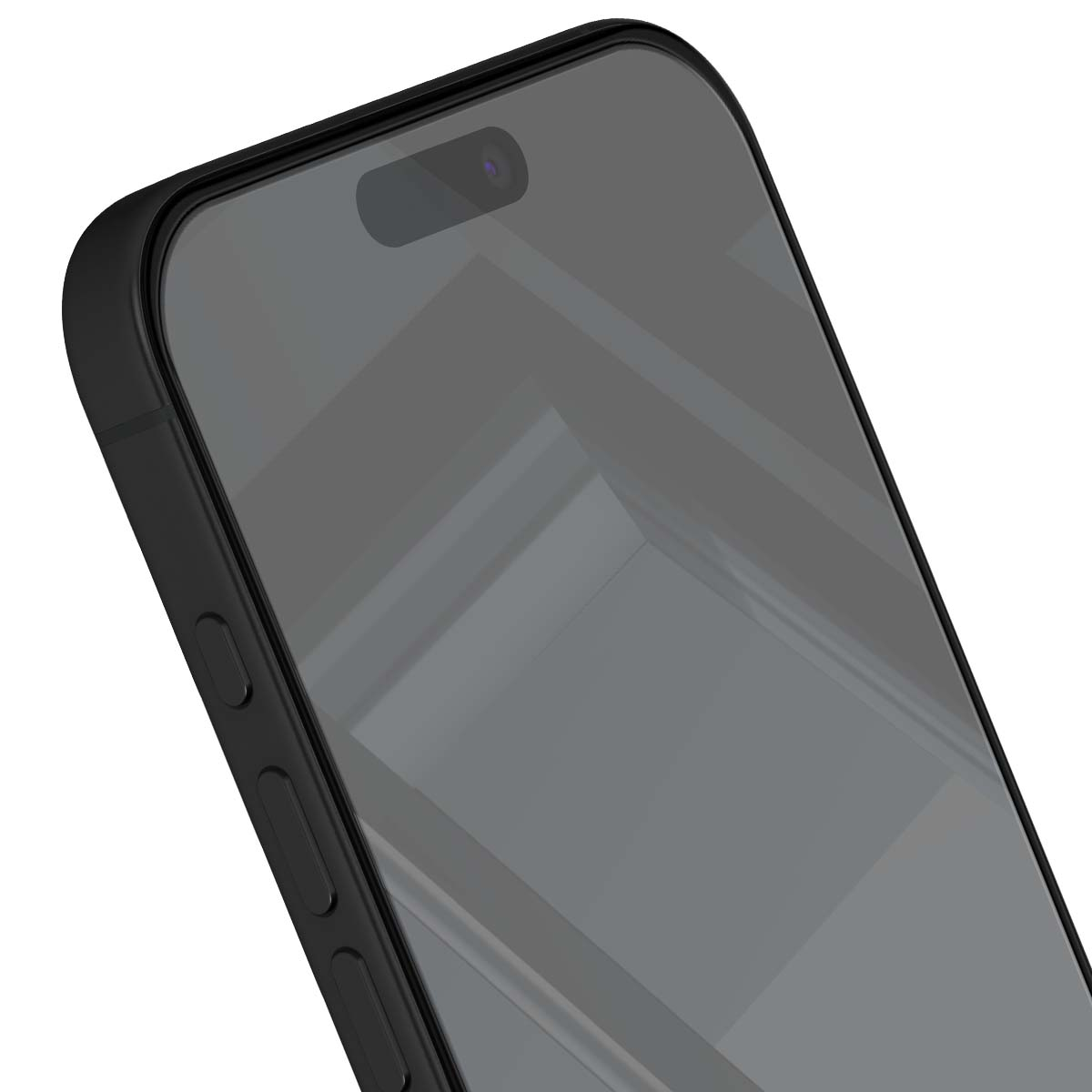 Primo piano di uno smartphone nero. Lo schermo è grigio, mostrando un riflesso. Il lato del telefono ha dei pulsanti. La fotocamera è visibile.