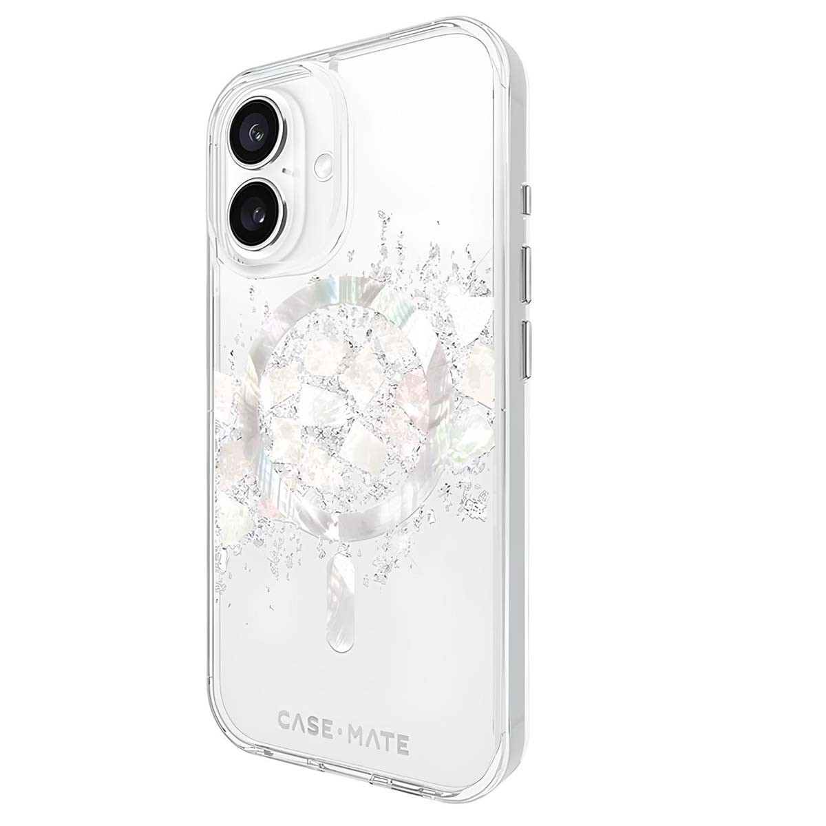Custodia trasparente per telefono con dettagli iridescenti e logo Case Mate. Obiettivi a doppia fotocamera visibili. La custodia è trasparente.