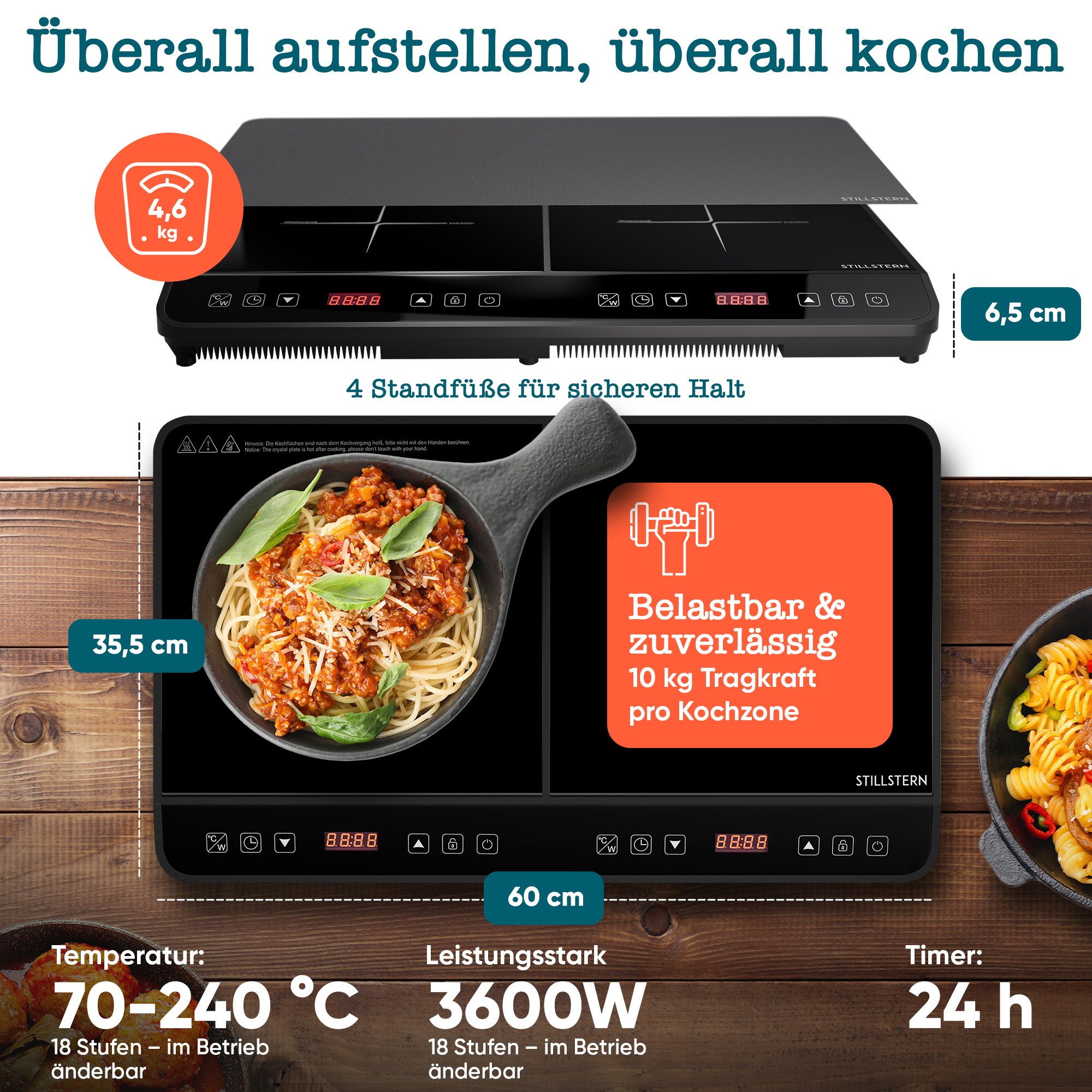Schwarzes Induktionskochfeld mit Pasta und Soße in Pfannen. Zeigt Temperatur, Leistung und Timer an. Text: überall kochen.