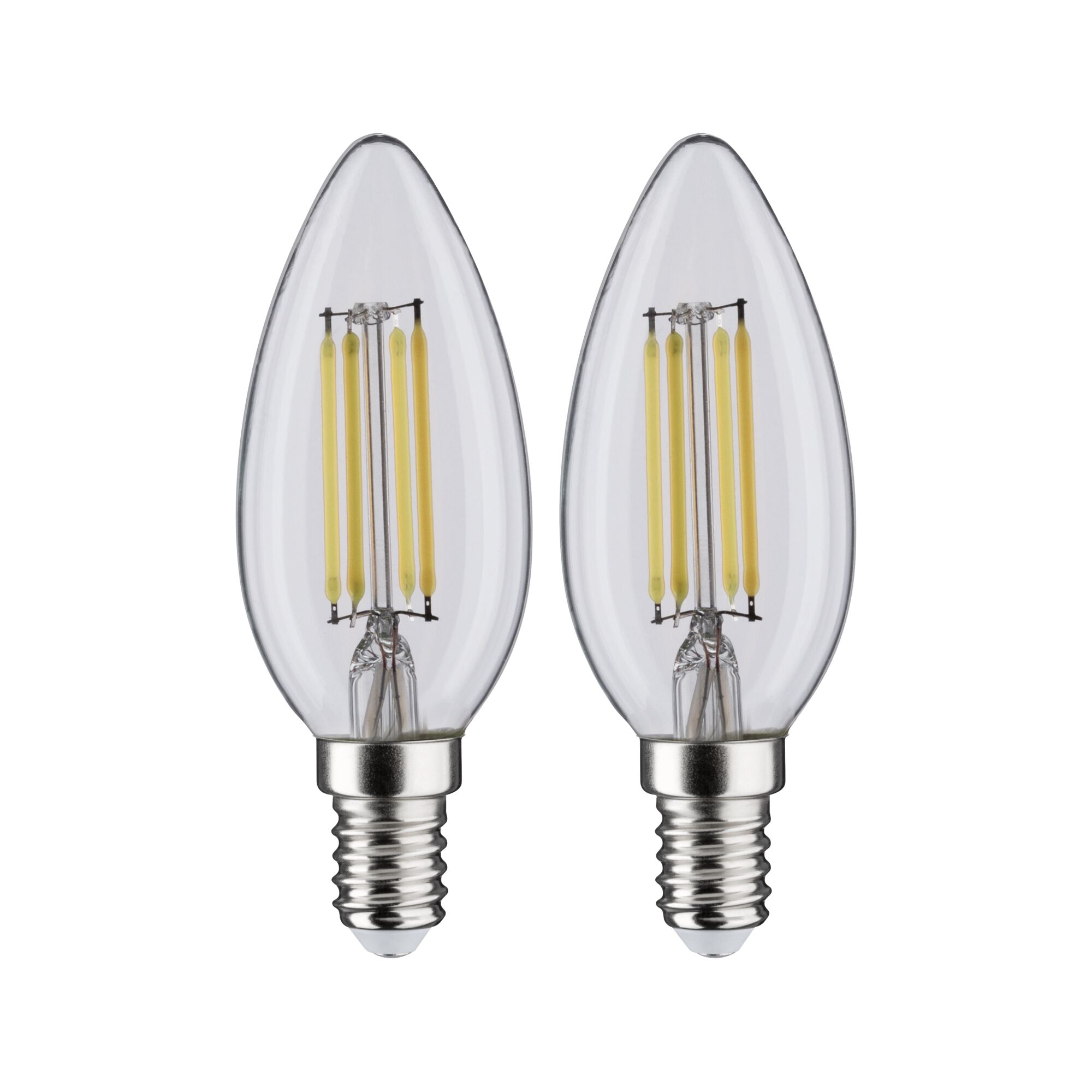 Zwei LED-Glühbirnen vor weißem Hintergrund. Jede Glühbirne hat eine klare Glasabdeckung mit gelben Filamenten.