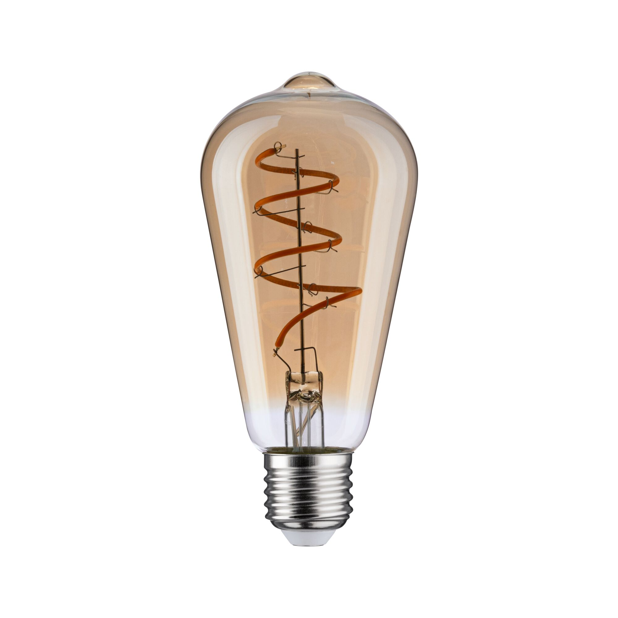 Eine Glühbirne im Edison-Stil mit einem Wendelfaden aus Kupfer. Das Glas ist bernsteinfarben, der Sockel silbern.