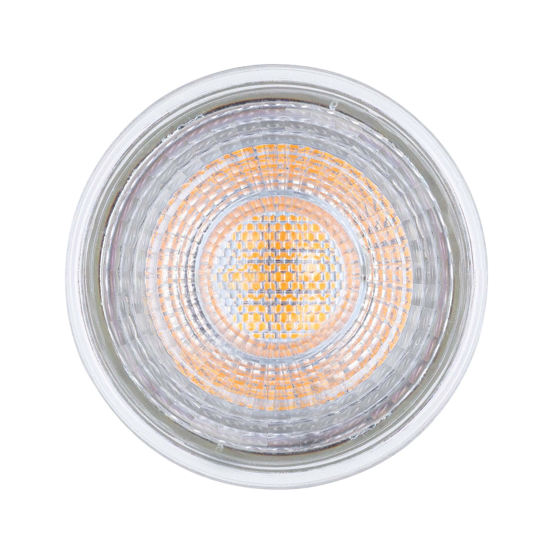 Nahaufnahme einer LED-Glühbirne. Sie hat ein klares, rundes Glas mit gelb-orangen LED-Elementen in der Mitte.