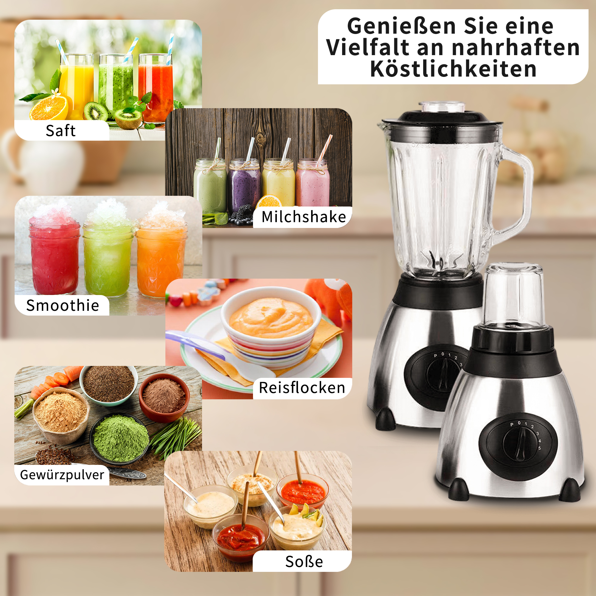 Das Bild zeigt einen Mixer, Säfte, Smoothies, Milchshakes, Gewürze und Saucen. Text sagt: "Genießen Sie eine Vielfalt an nahrhaften Köstlichkeiten."