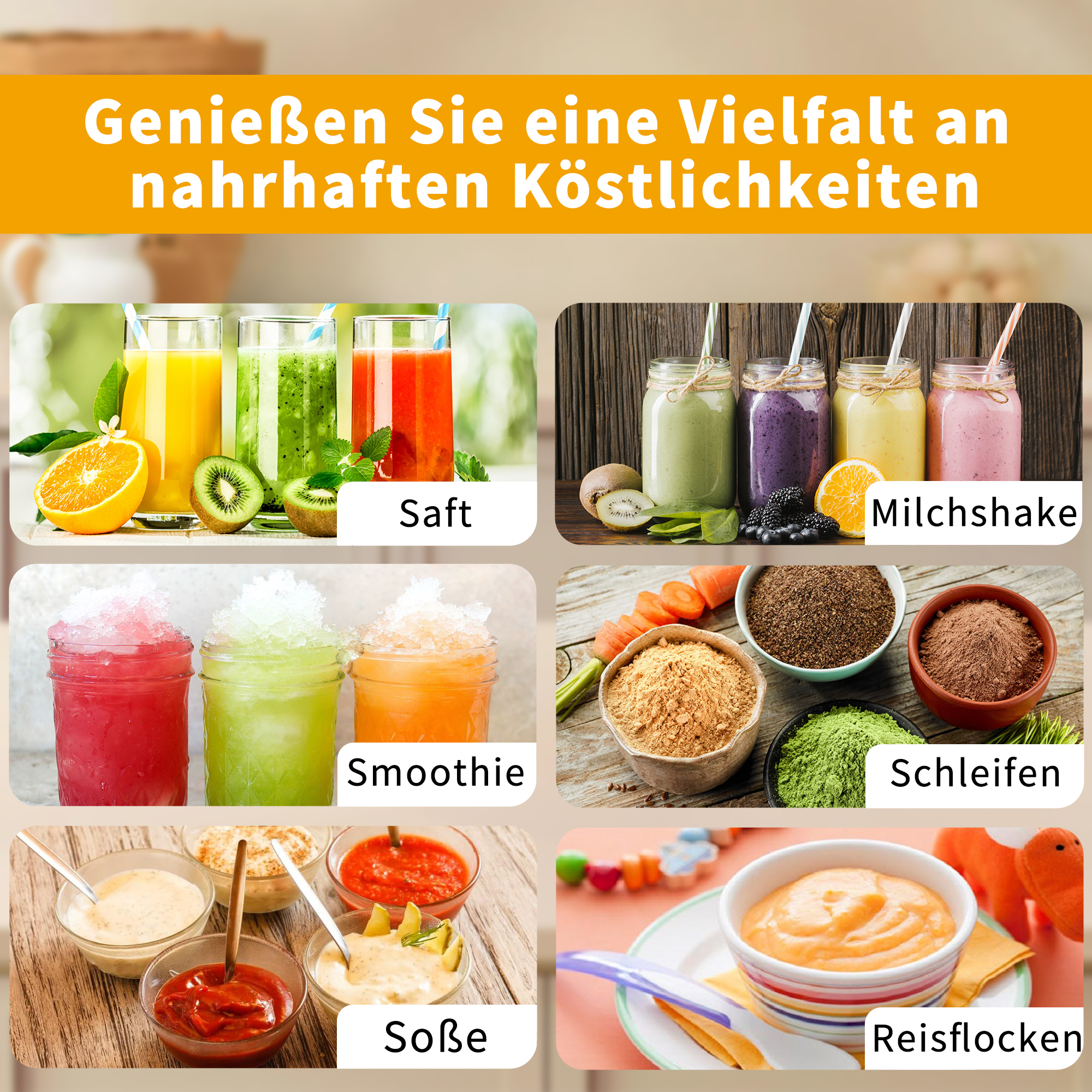 Das Bild zeigt Saft, Smoothies, Milchshakes, gemahlene Zutaten, Saucen und Babynahrung. Jede Kategorie ist auf Deutsch beschriftet.