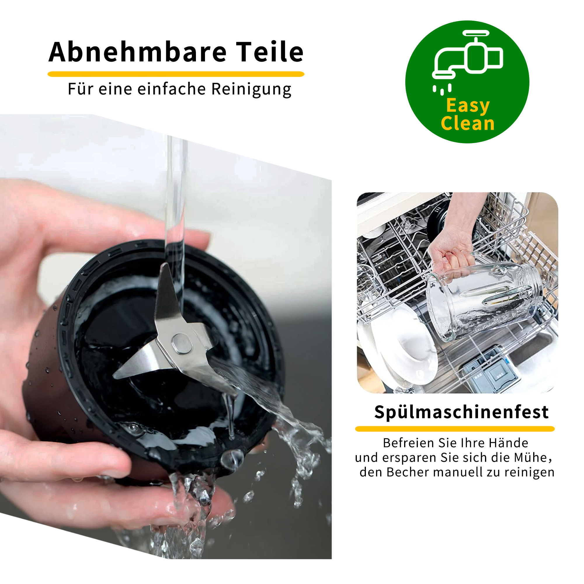 Ein Mixer wird mit Wasser gewaschen. Teile sind abnehmbar und spülmaschinenfest, wie durch Text und ein grünes Symbol angegeben.