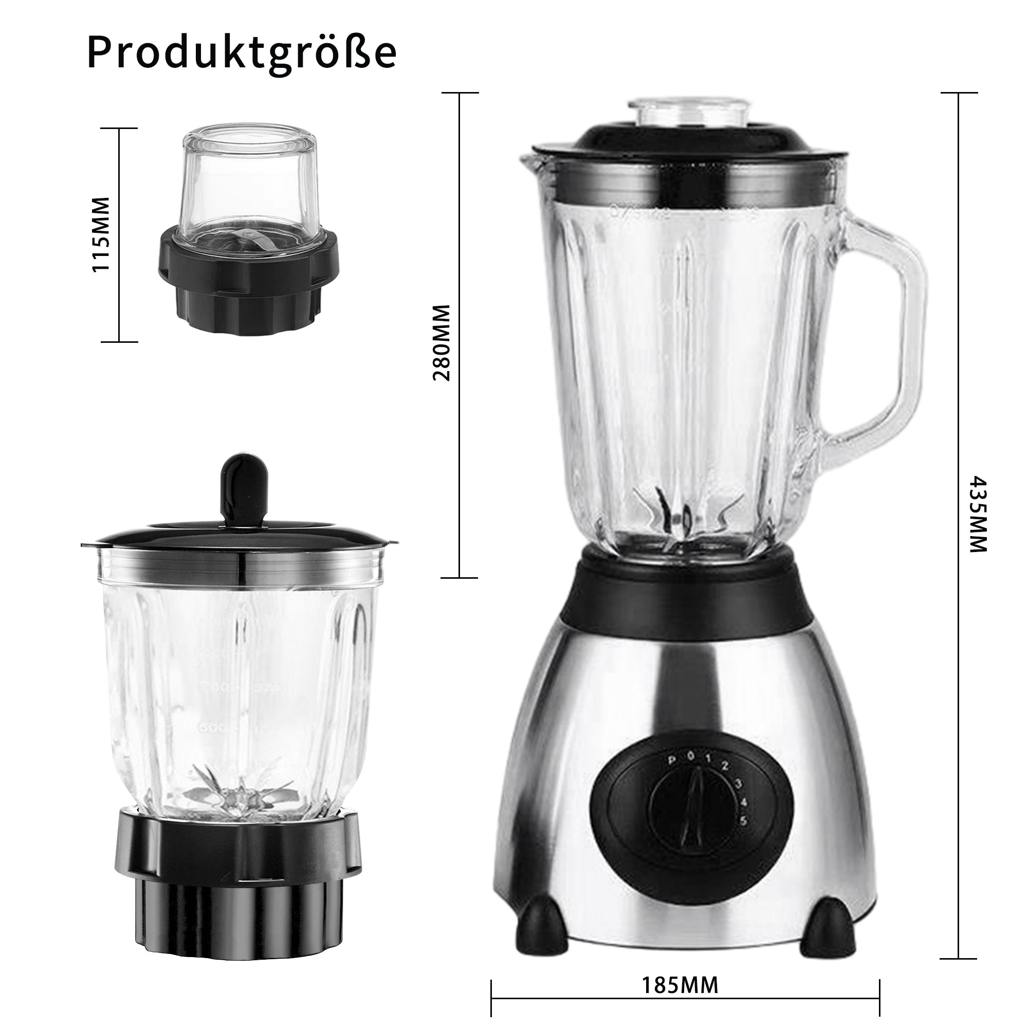 Mixer mit Maßen. Enthält einen kleinen Behälter, einen mittleren Behälter und einen großen Mixer mit Edelstahlbasis. Schwarze Akzente.