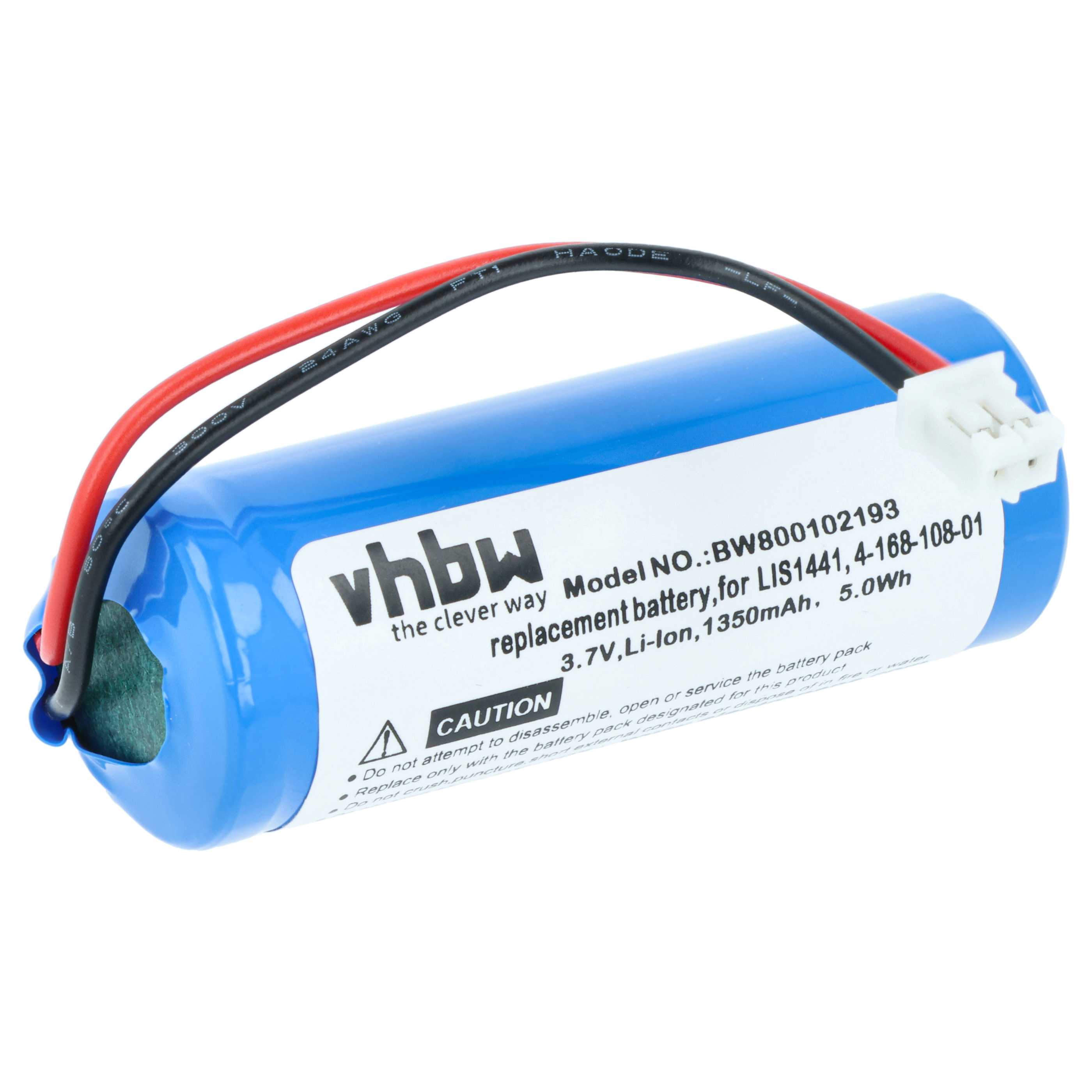 Eine blaue zylindrische Batterie mit roten und schwarzen Drähten. Sie hat einen weißen Stecker und ein Etikett mit Text.