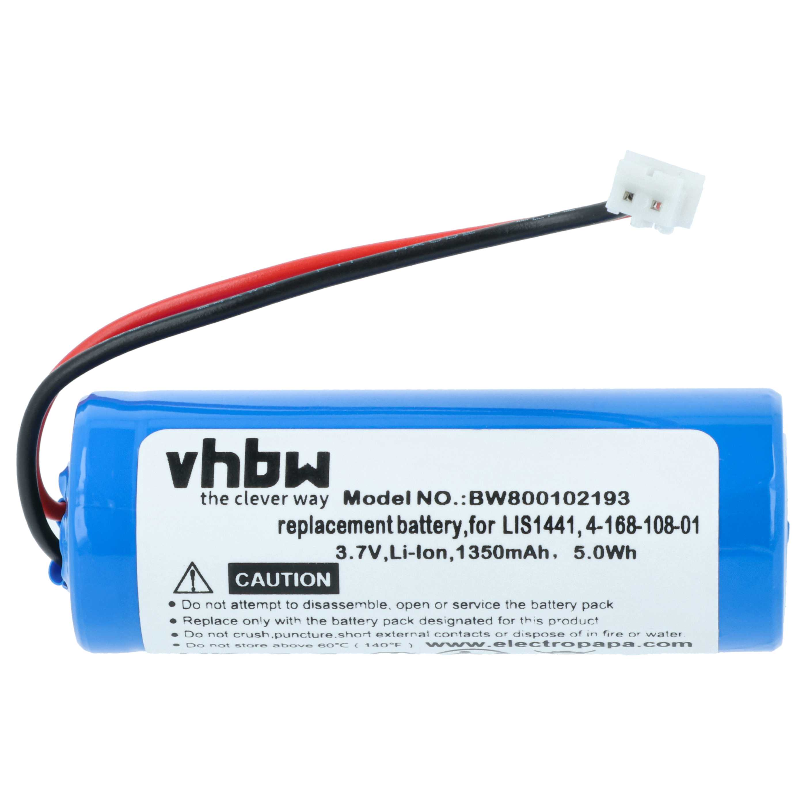 Ein blauer Akku mit schwarzen und roten Drähten. Er hat weißen Text und einen weißen Stecker.