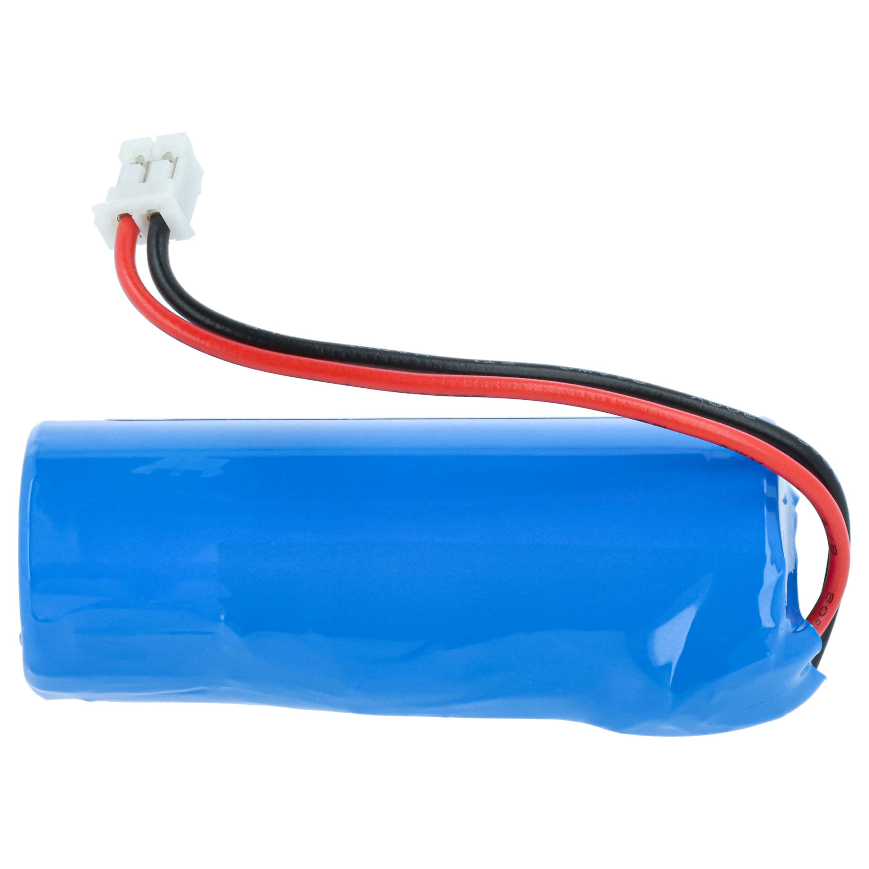 Ein blauer Akku mit weißem Stecker und rot/schwarzen Drähten. Er ist auf weißem Hintergrund isoliert.