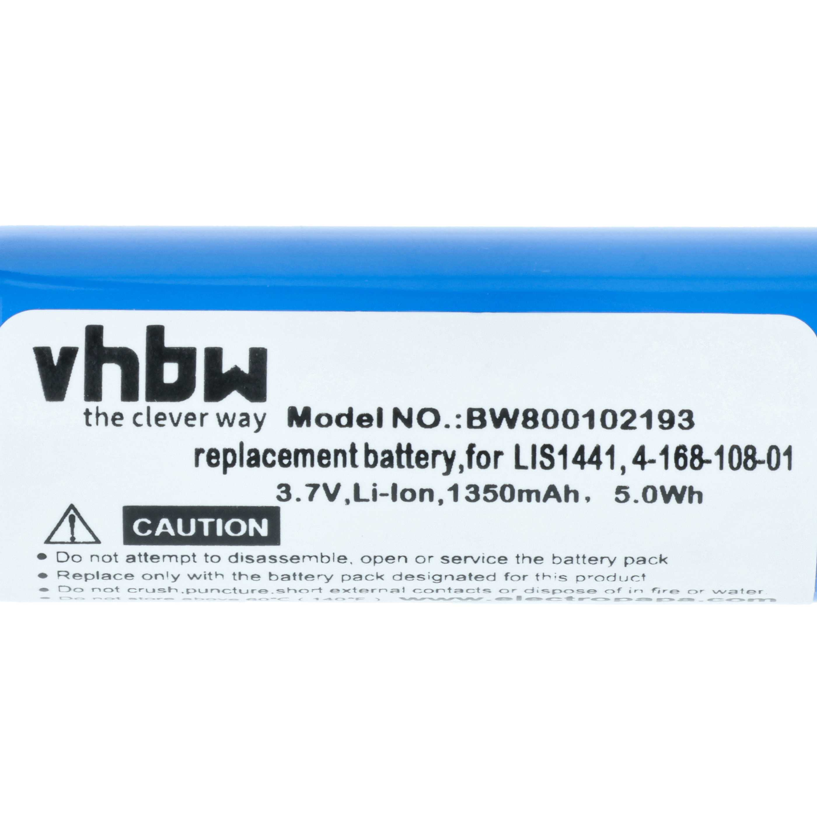 Ein Batterielabel mit 'vhbw' und Warnttext. Blaue Oberseite. Enthält Modell- und Spannungsinformationen. Vorsichtssymbol vorhanden.