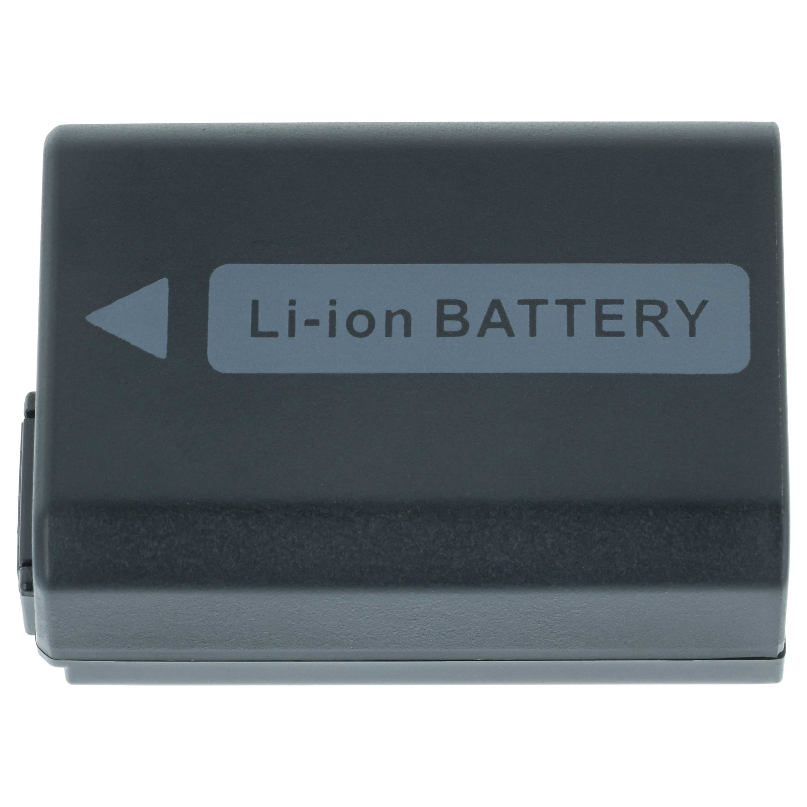Ein dunkelgrauer Li-Ionen-Akku. Er hat ein Etikett mit dem Text 'Li-ion BATTERY' und einem Pfeilsymbol.