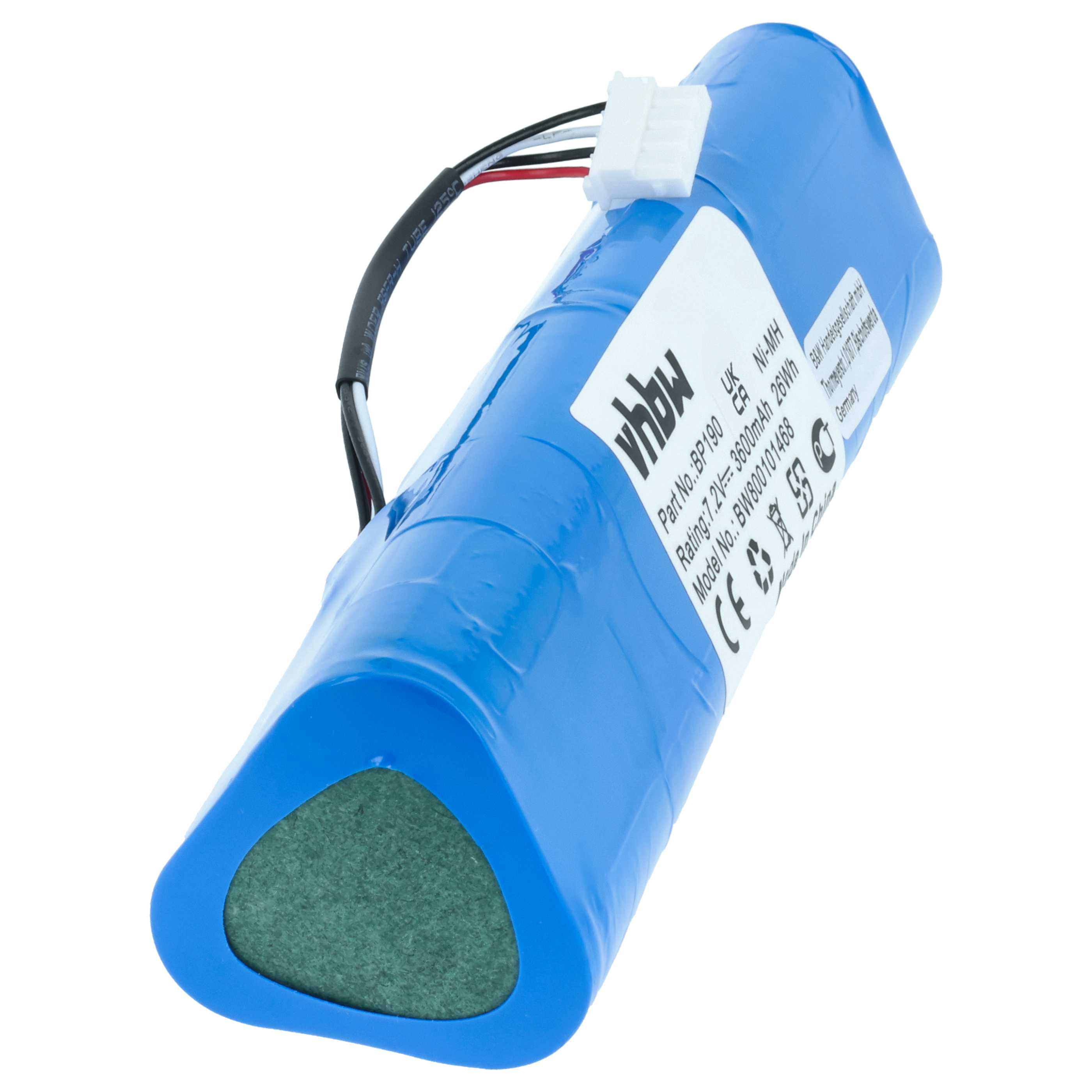 Ein blauer Akku mit weißem Etikett. Drähte und ein Stecker ragen heraus. Der Boden ist grün.