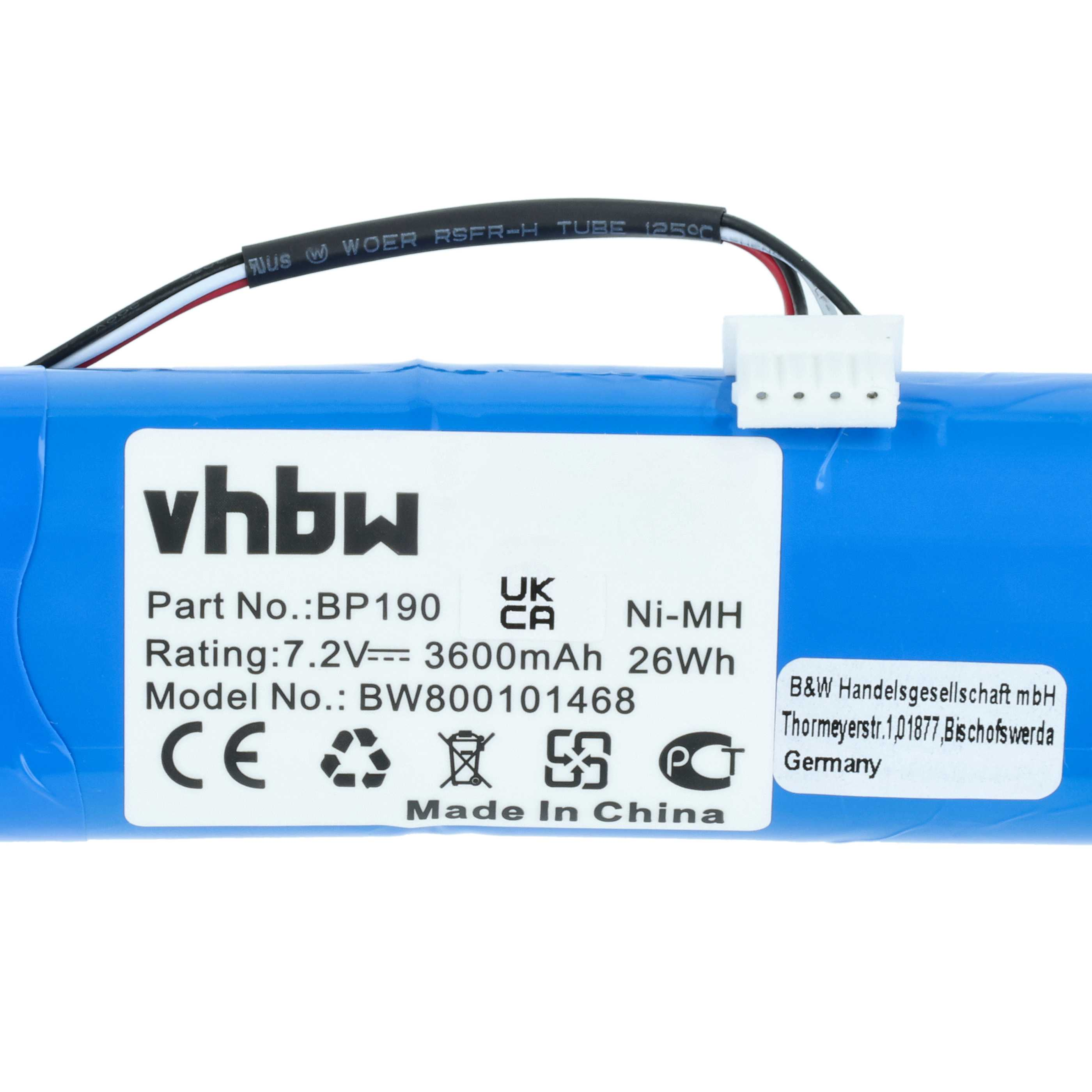 Ein blauer Akku mit weißem Etikett, Text enthält 'vhbw', Spezifikationen und 'Made in China'. Drähte sind an einem weißen Stecker befestigt.