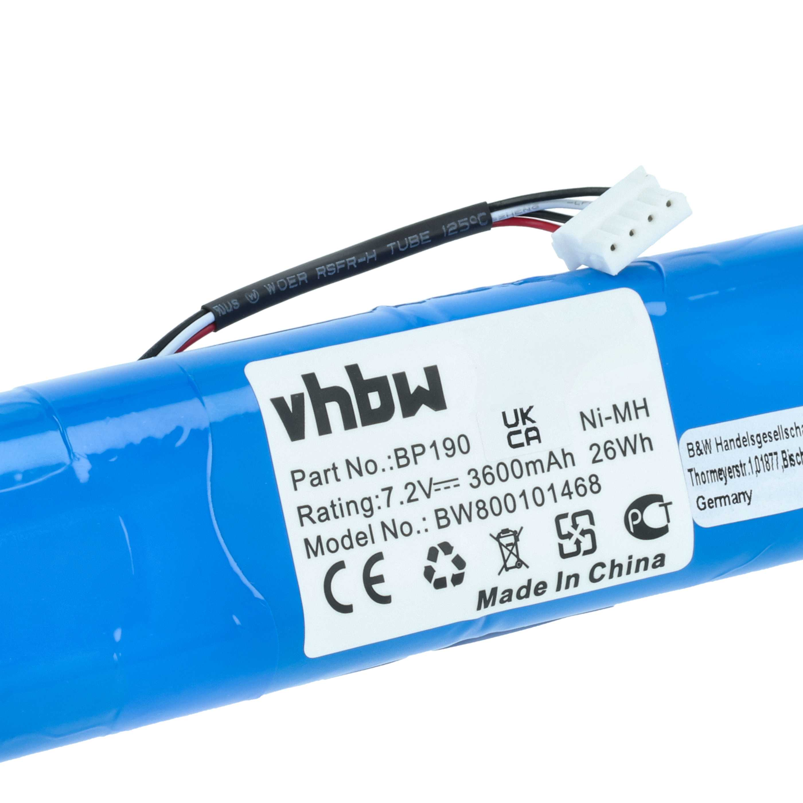 Blaue Batterie mit weißem Etikett. Details umfassen Teilenummer, Spannung und einen Stecker. Hergestellt in China.