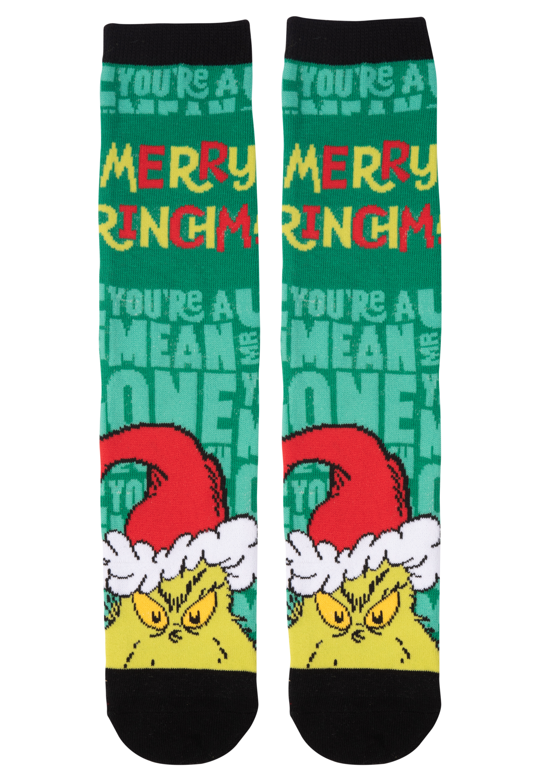 Paar Weihnachtssocken. Grüner Hintergrund mit Grinch-Gesichtern und Text: Merry Grinchmas, You're a mean one.