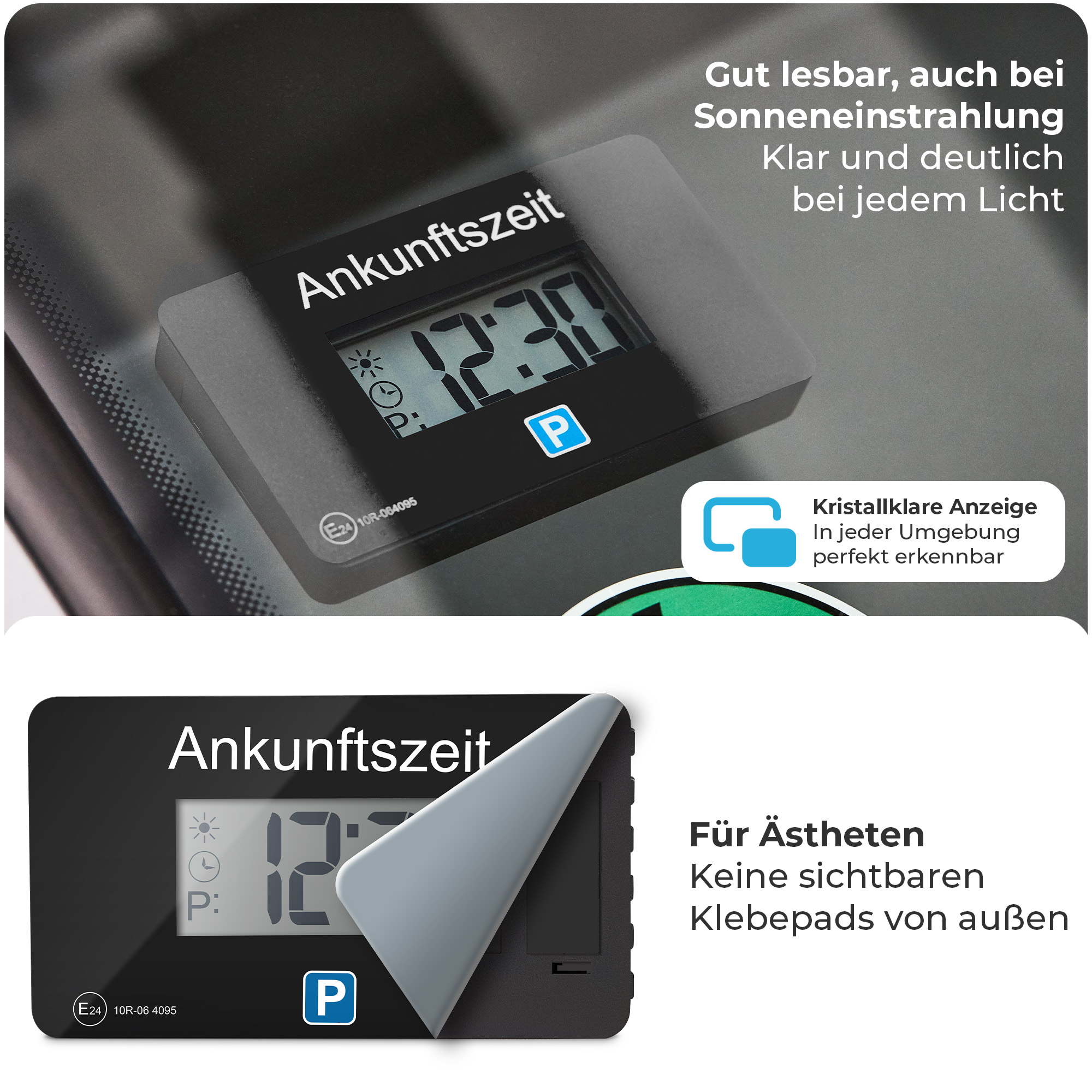 Ein Parktimer zeigt 12:30 an. Text lautet 'Ankunftszeit'. Das Gerät hat ein blaues 'P'-Symbol und ist schwarz und grau.
