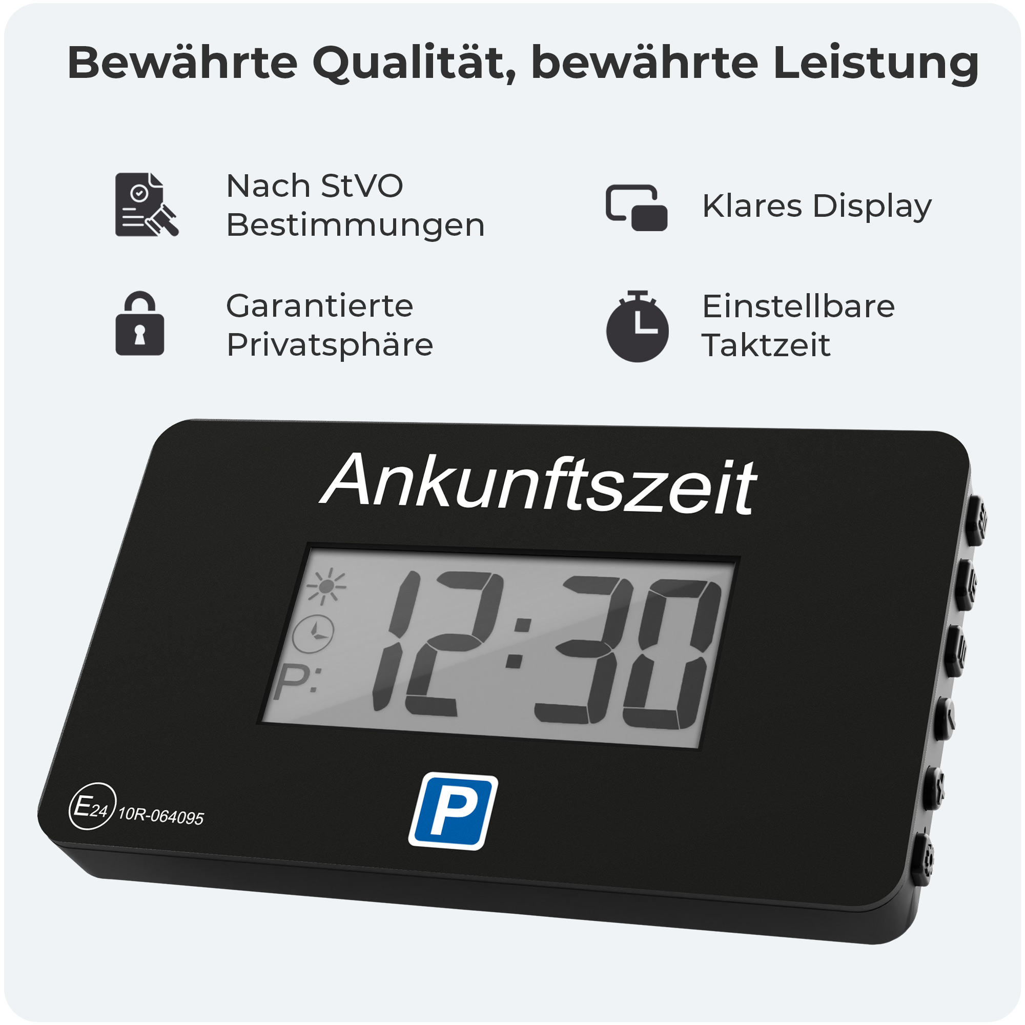 Schwarzer Parktimer zeigt 12:30 Uhr an. Text oben: Bewährte Qualität, bewährte Leistung. Weitere Texte: Ankunftszeit, P, Einstellbare Taktzeit.