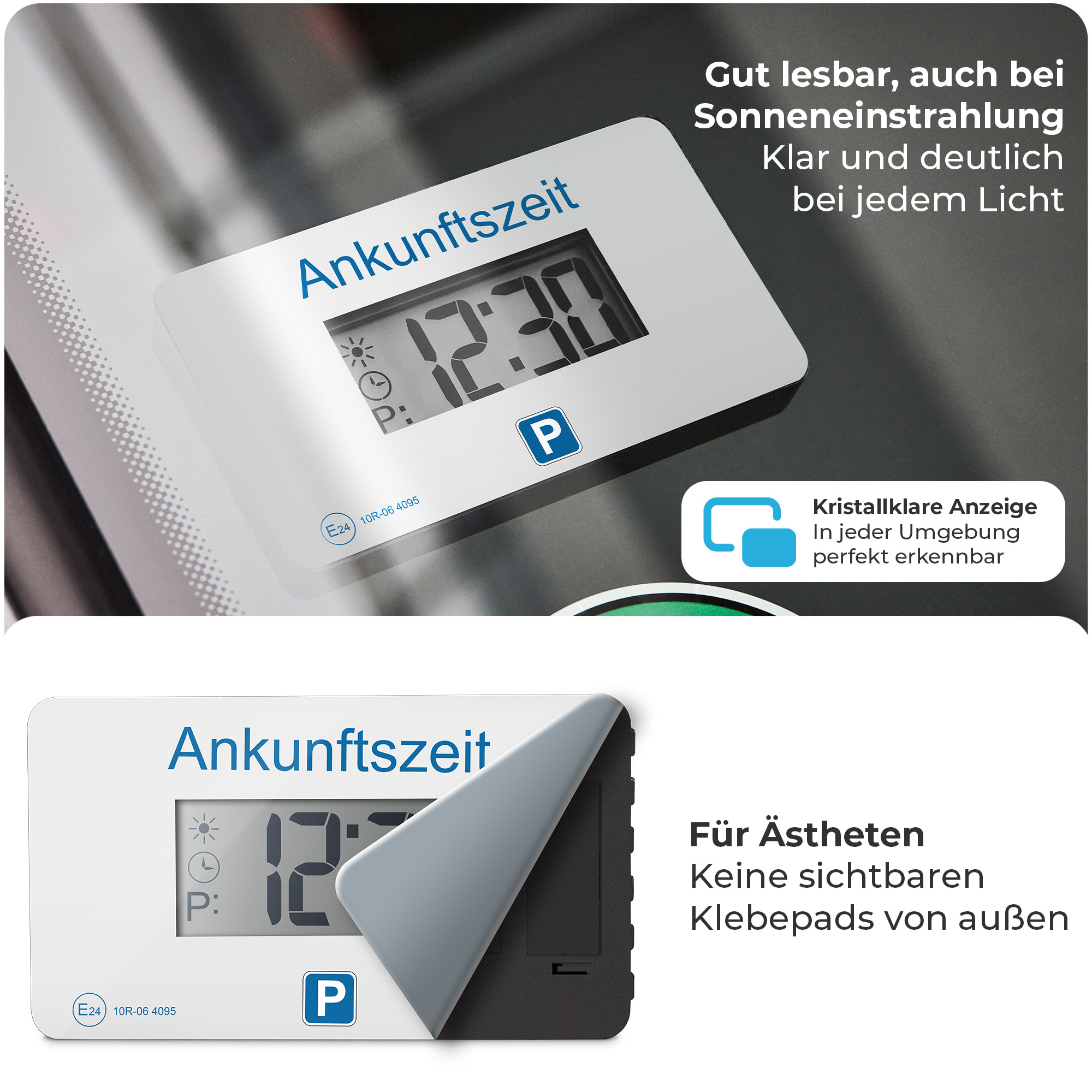 Ein Park-Ankunftszeit-Display zeigt 12:30 Uhr. Deutsche Texte sagen: 'gut lesbar, auch bei Sonneneinstrahlung'.