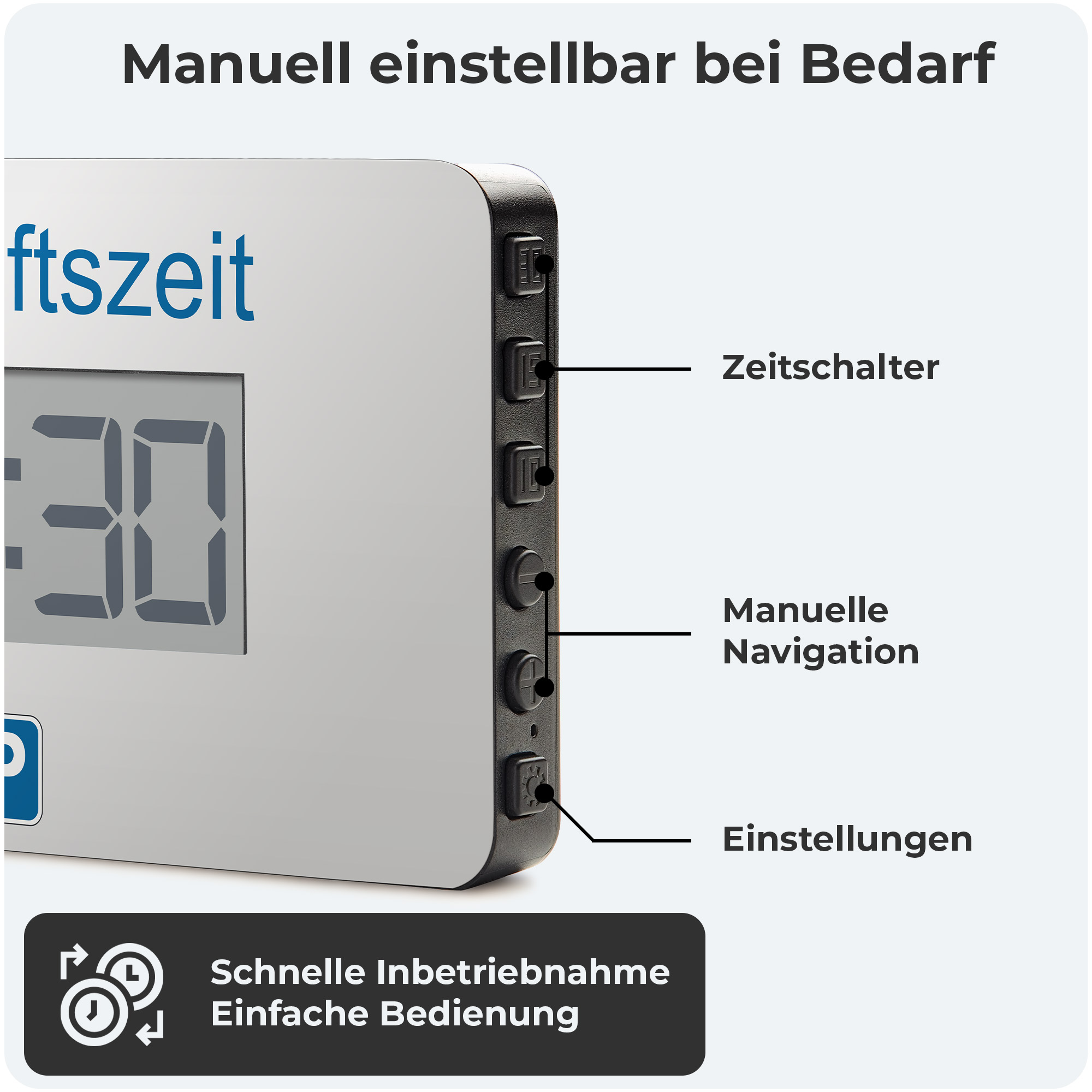Digitaluhr mit Zeitanzeige. Tasten für Einstellungen und Navigation an der Seite. Die Uhr ist weiß und schwarz.