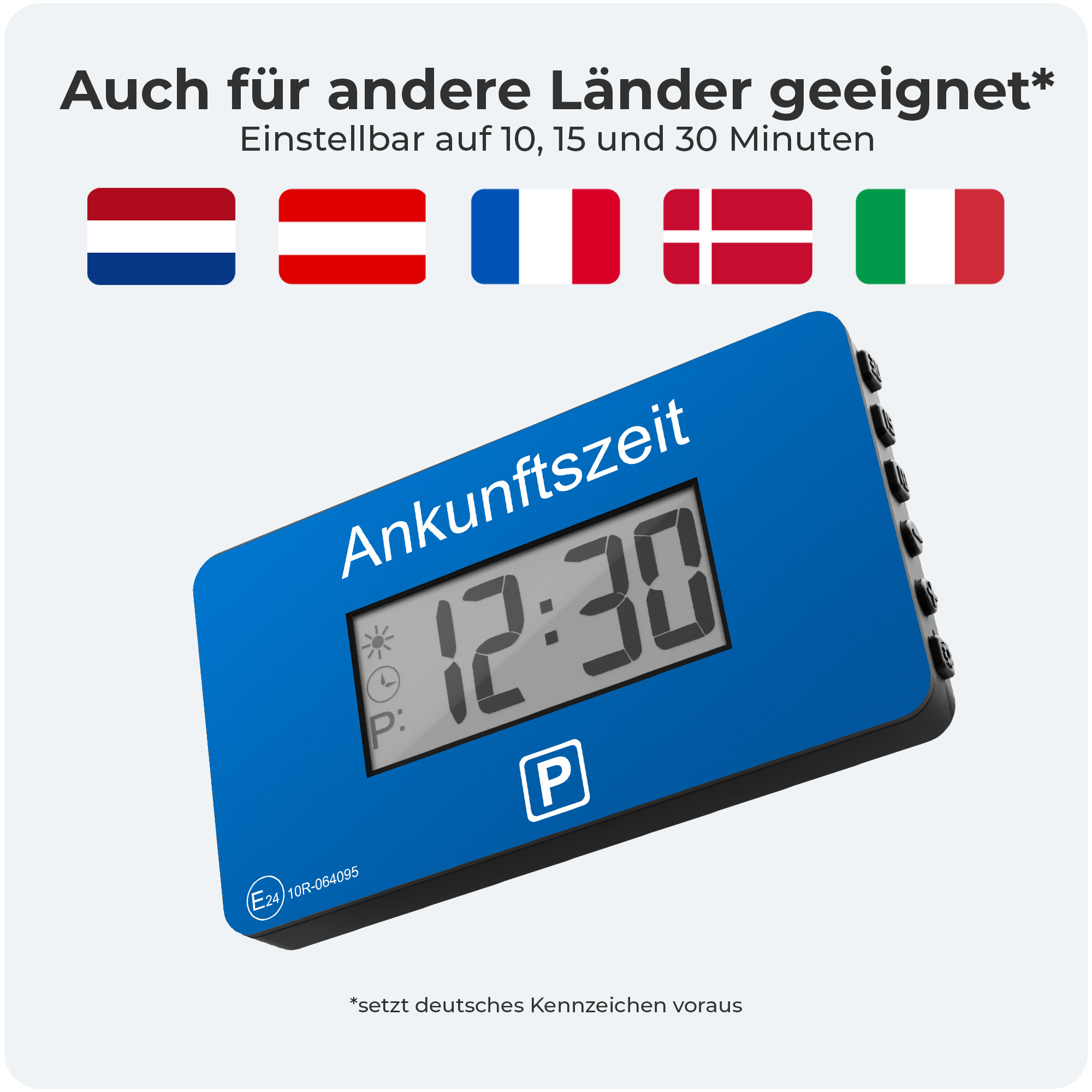 Blauer Parktimer zeigt 12:30. Flaggen mehrerer Länder oben, darunter Niederlande, Frankreich und Italien.