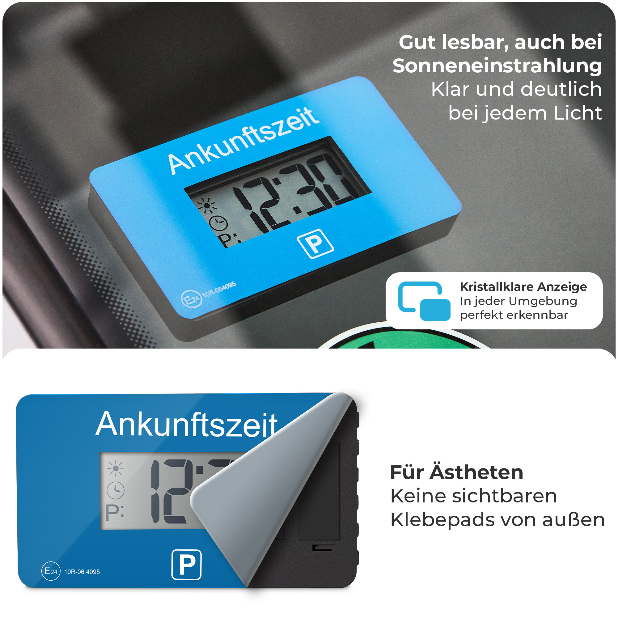 Blaue Parkscheibe mit Uhrzeit, blauem Hintergrund, weißem Text und einer abgezogenen Ecke mit schwarzem Sockel.