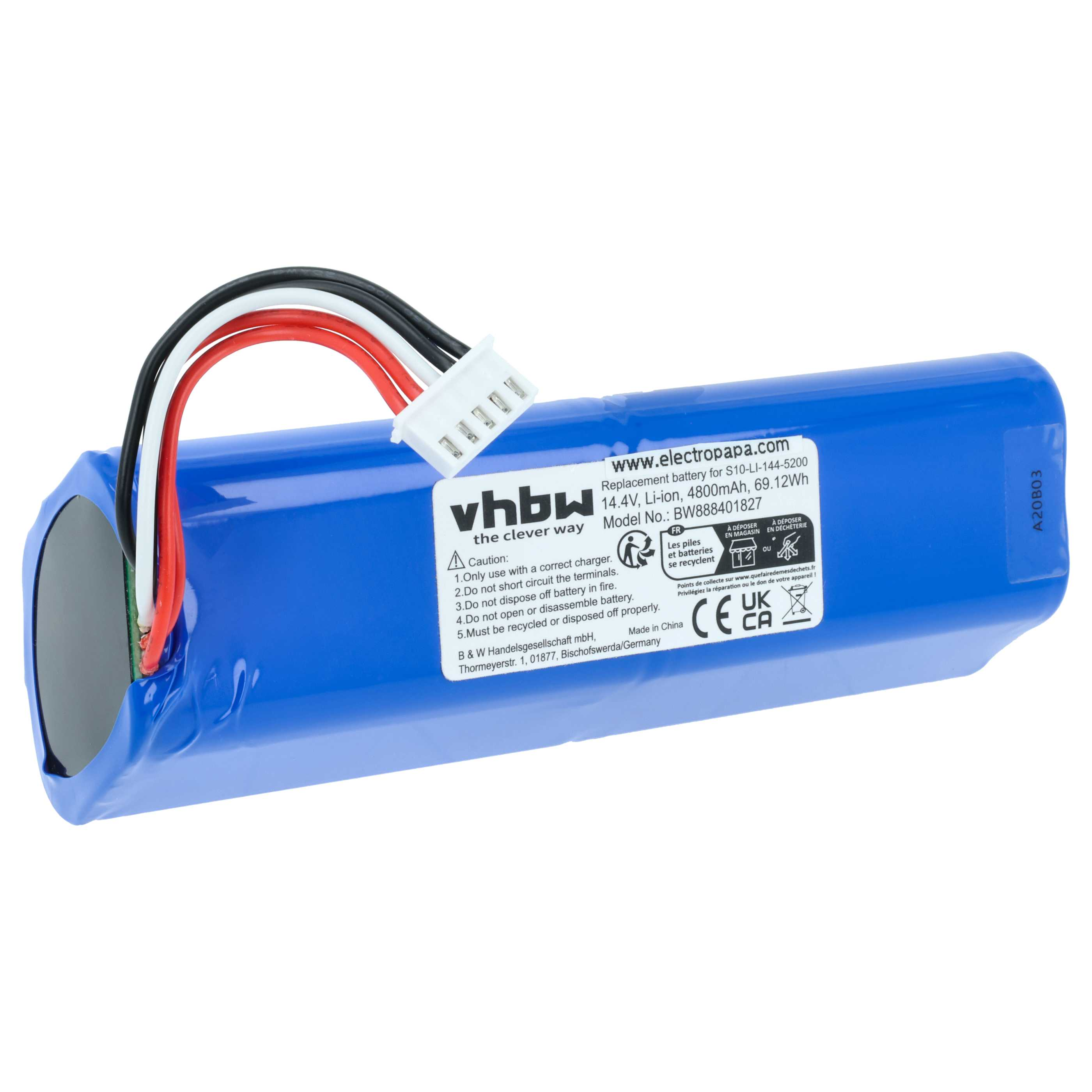Ein blauer Akku mit Drähten und einem weißen Stecker. Auf dem Akku befinden sich Warnhinweise und Spezifikationen.