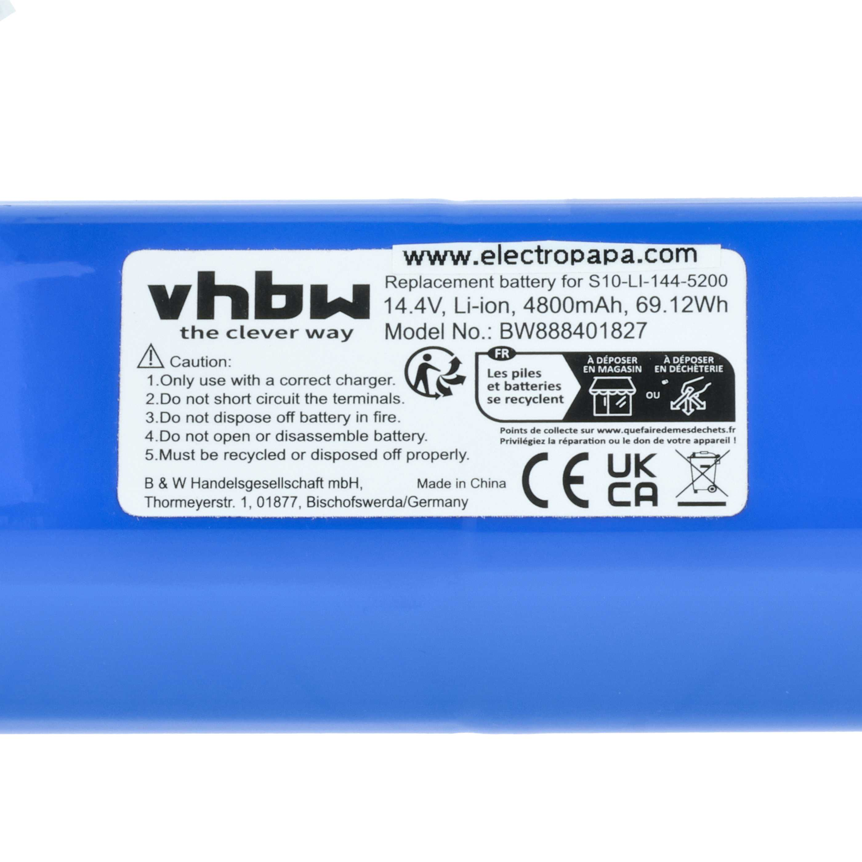 Blauer Akku mit weißem Etikett. Text enthält: vhbw, www.electropapa.com und Warnhinweise.